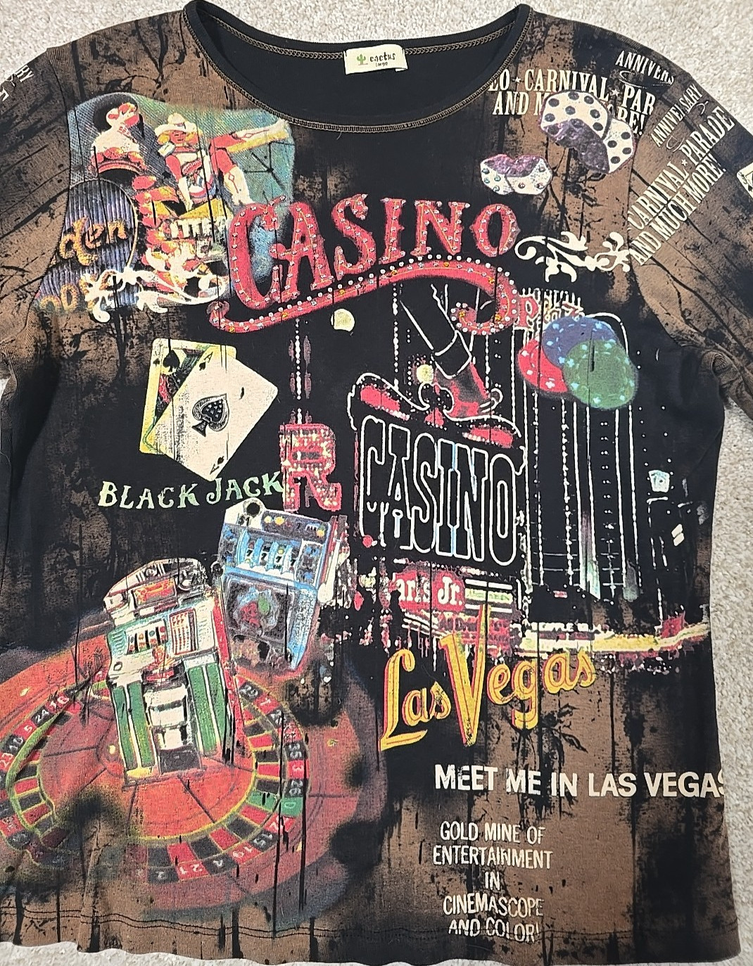 Cactus Vintage Las Vegas Casino 3/4 Sleeve Shirt Rhinestones USA Made Women’s L
