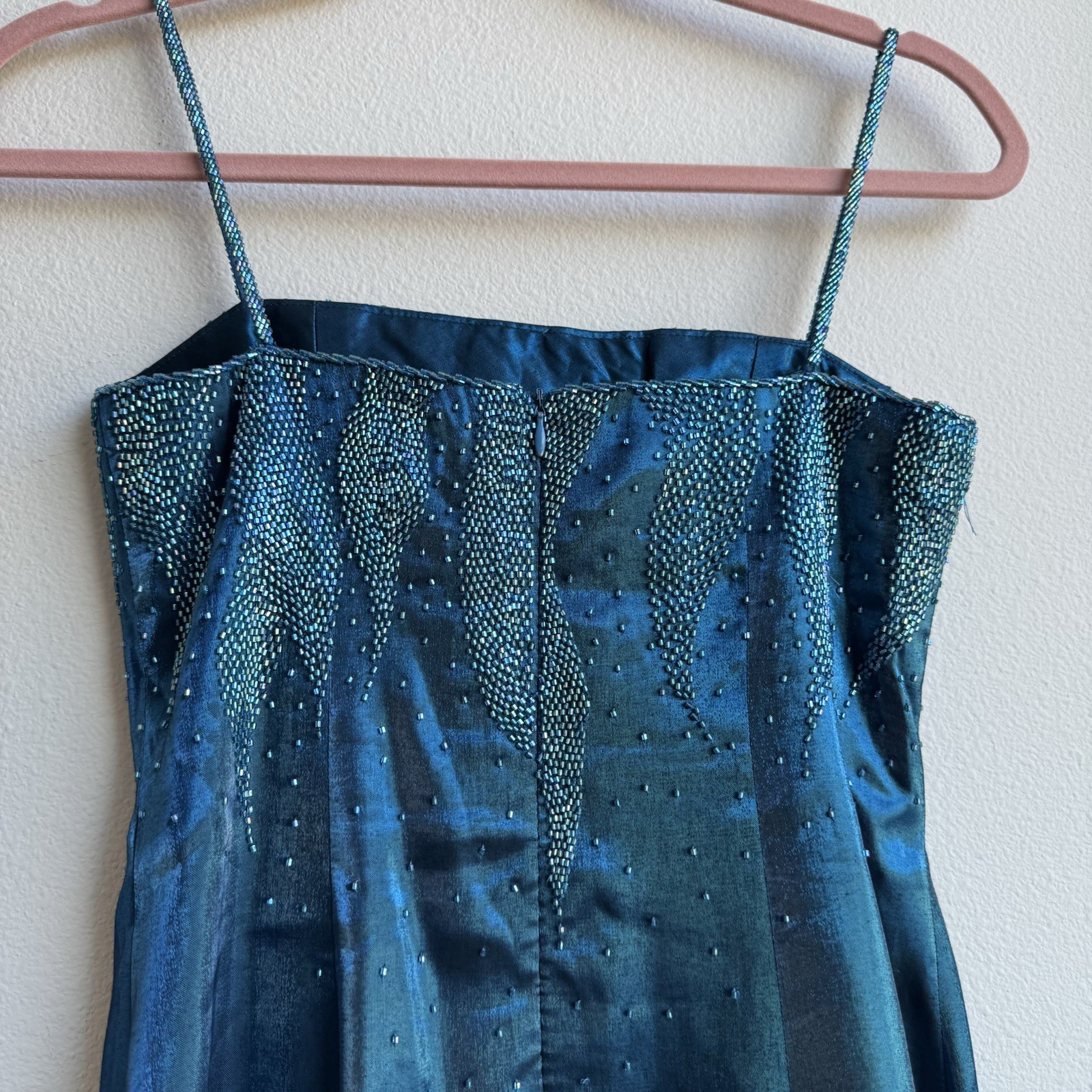 Vintage Turquoise Blue Beaded Iridescent Maxi Cocktail Formal Party Dress S / M