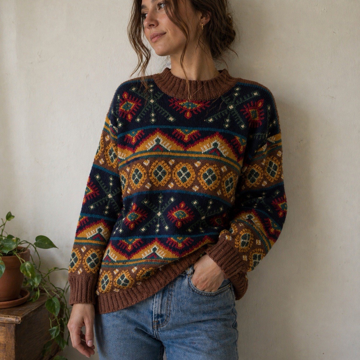 Vintage Paul Harris Brown Navy Boho Folk Tapestry Knit Sweater Small Indie 90s