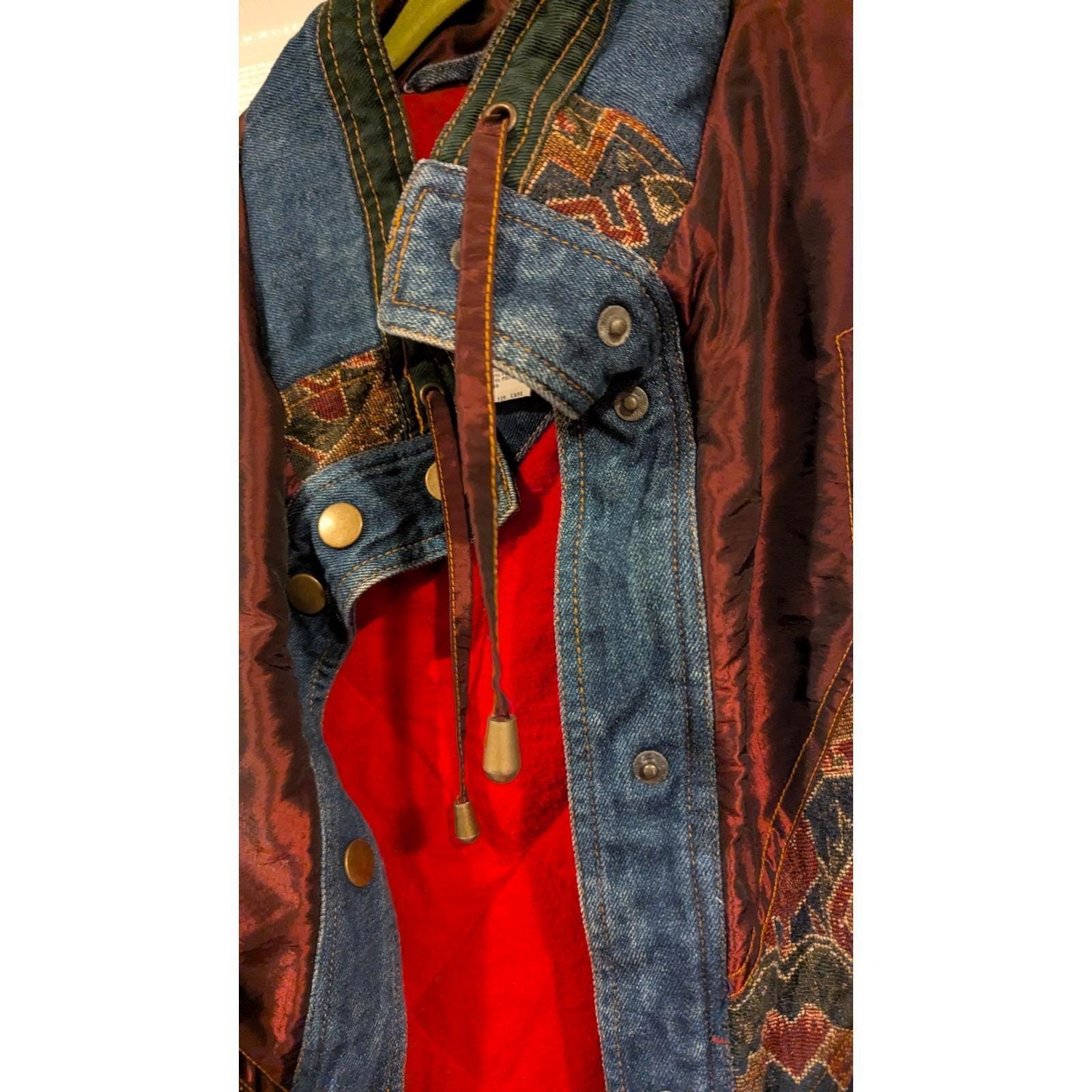 Two Twenty Denim Jacket Aztec Print Lined Snap Front Quilted Coat Vintage 90s