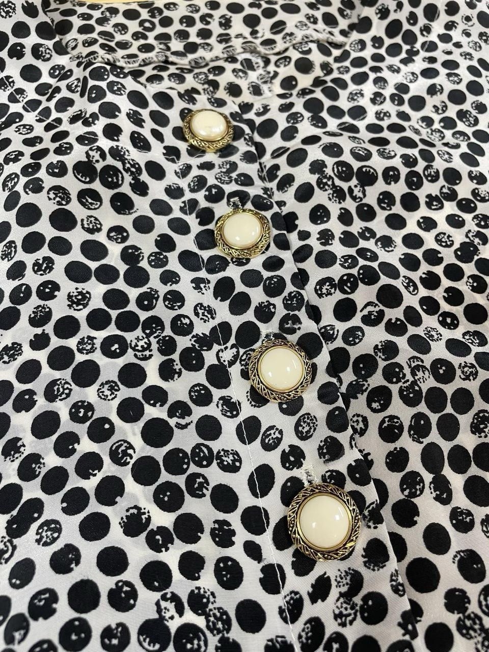 Vintage 80s Women’s Black White Gold Polka Dot Button Up Crop Blouse Retro Chic
