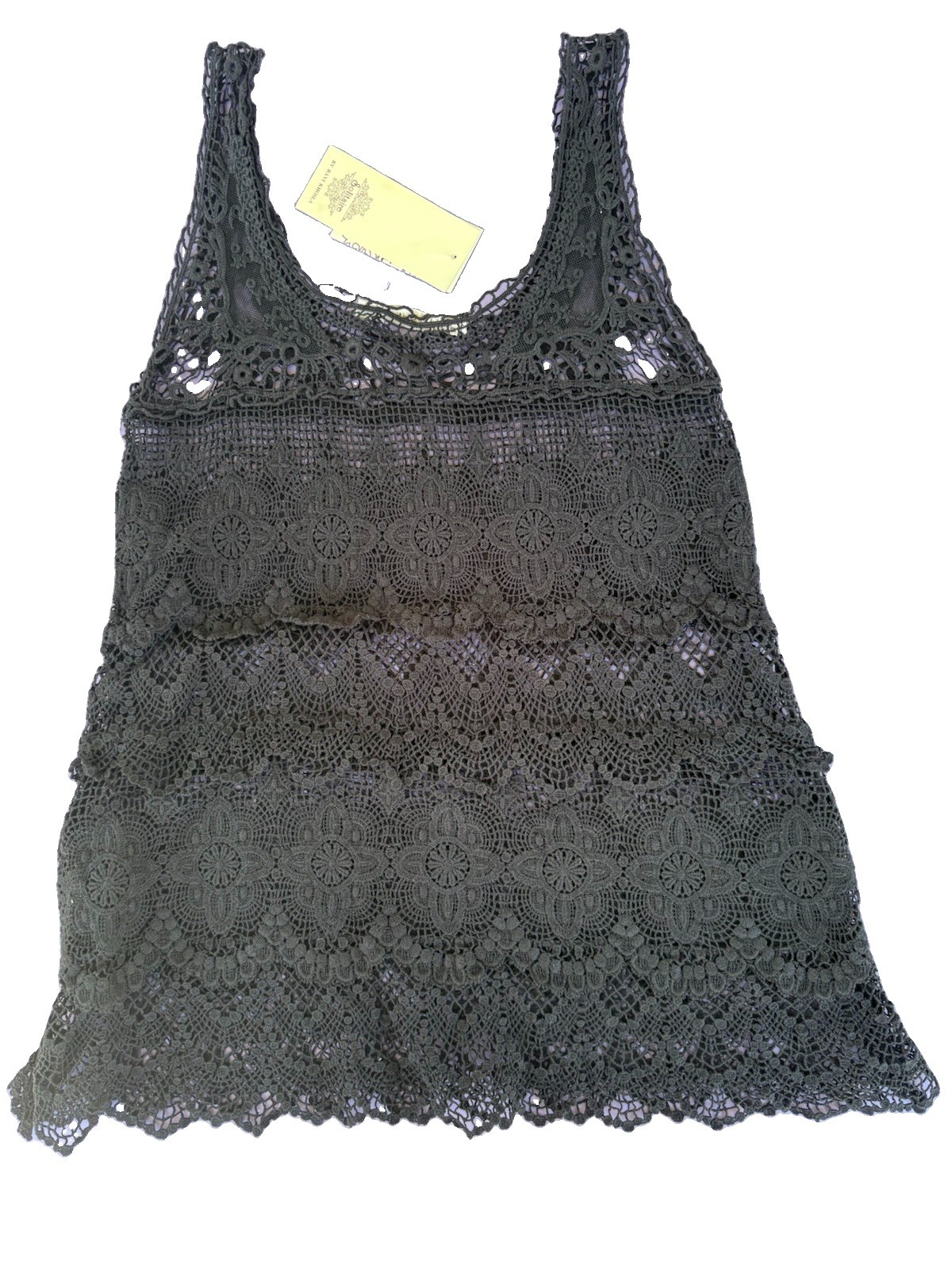 VTG 100% Cotton Black Crochet Tiered Lace Scallop Trim Tank Top Size XS – NWT