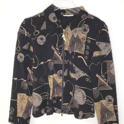 Vintage Abstract Geometric Zip Jacket Black Gold Rhinestone Shoe Pull Large