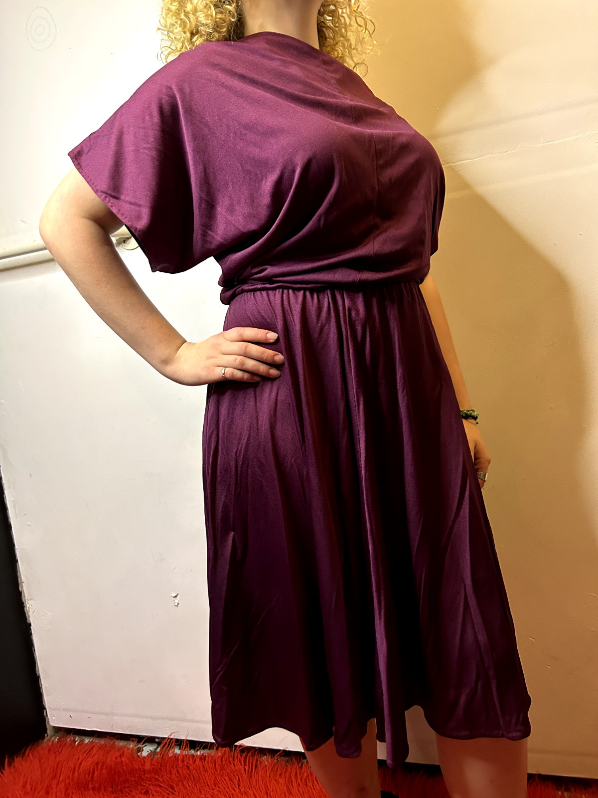 Vintage 1980s Purple Mauve Slinky Blouson Dress Belt Tie Yoke Midi Evening AU 14