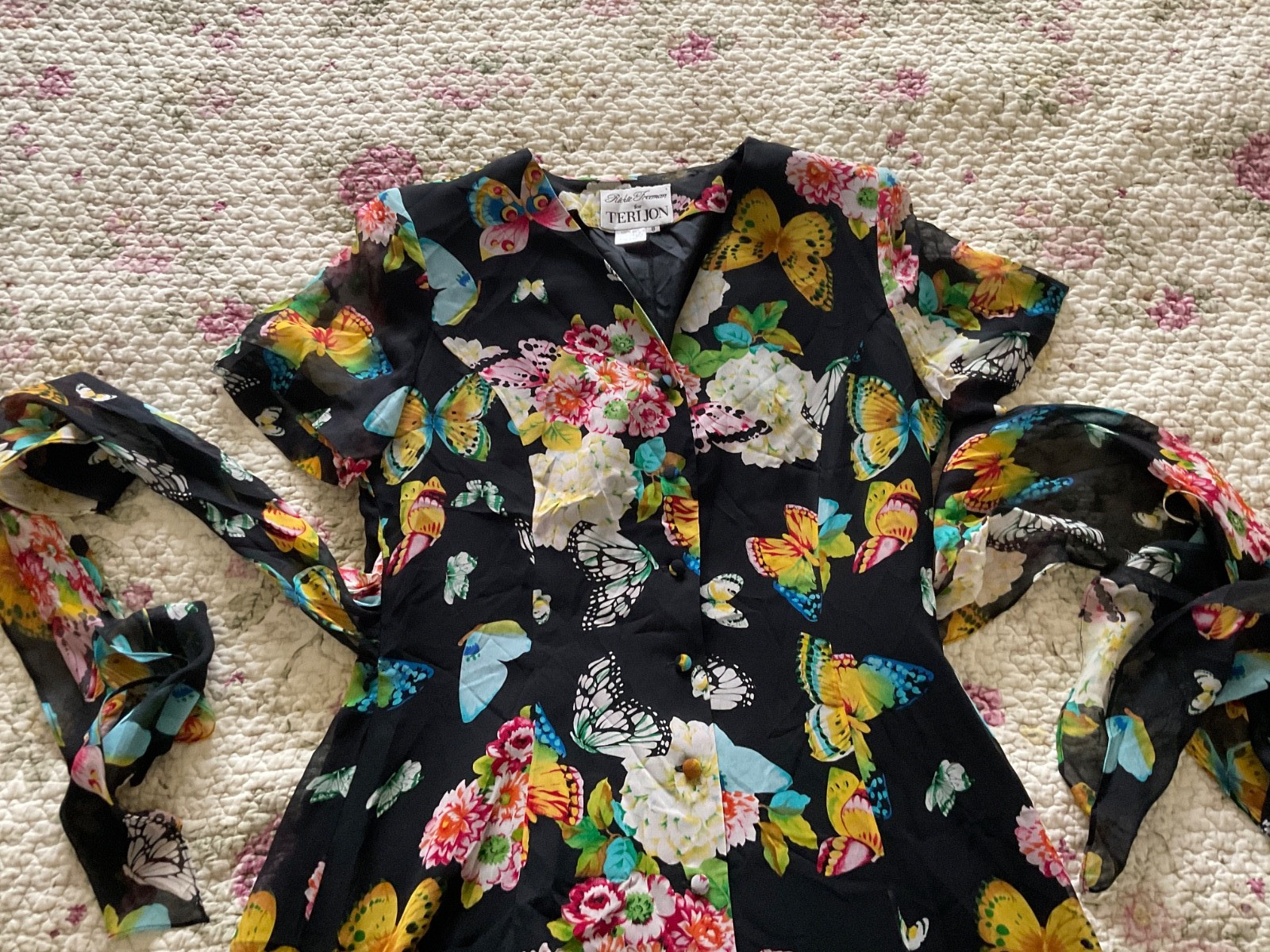Vintage Rickie Freeman for Teri Jon Maxi Dress Silk Butterflies Lined Size 8