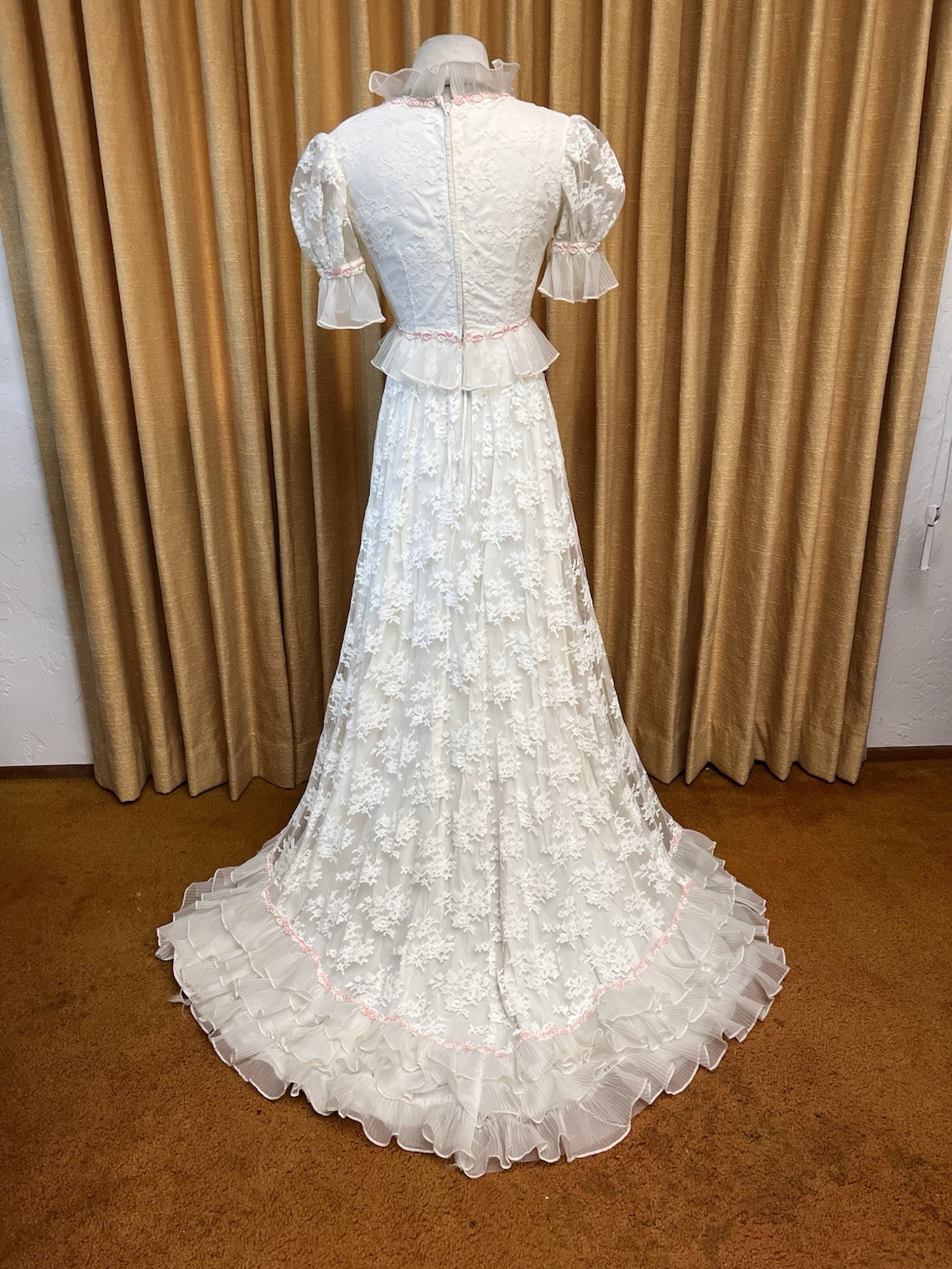 Vintage 1960s Empire Waist Lace Wedding Dress With Rose Appliqué And Ruffles