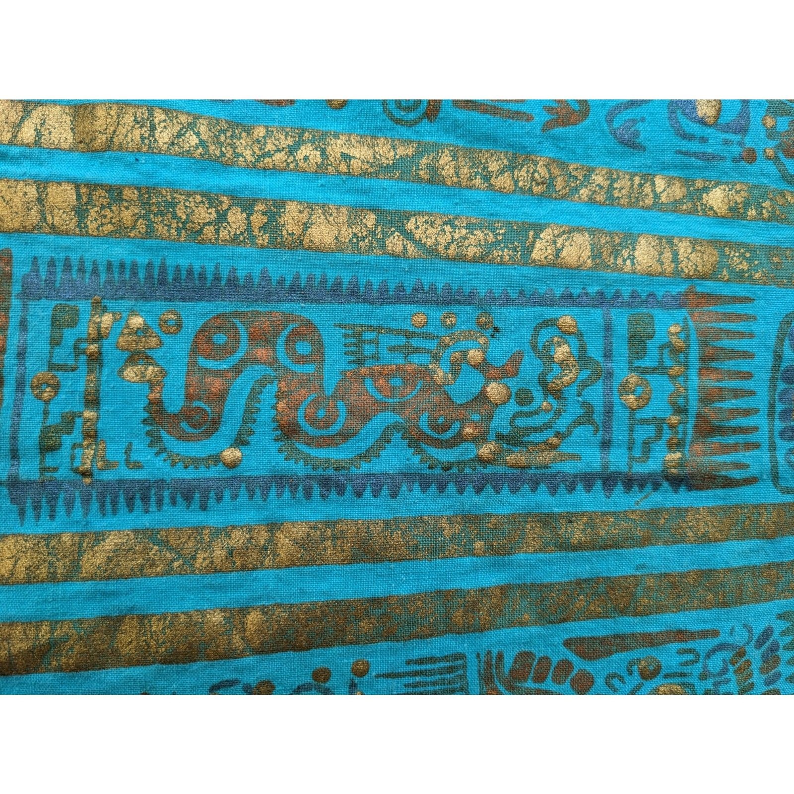 1950s MAYA de MEXICO Mayan Hieroglyph Hand Painted Aqua/Gold Circle Skirt sz. XS
