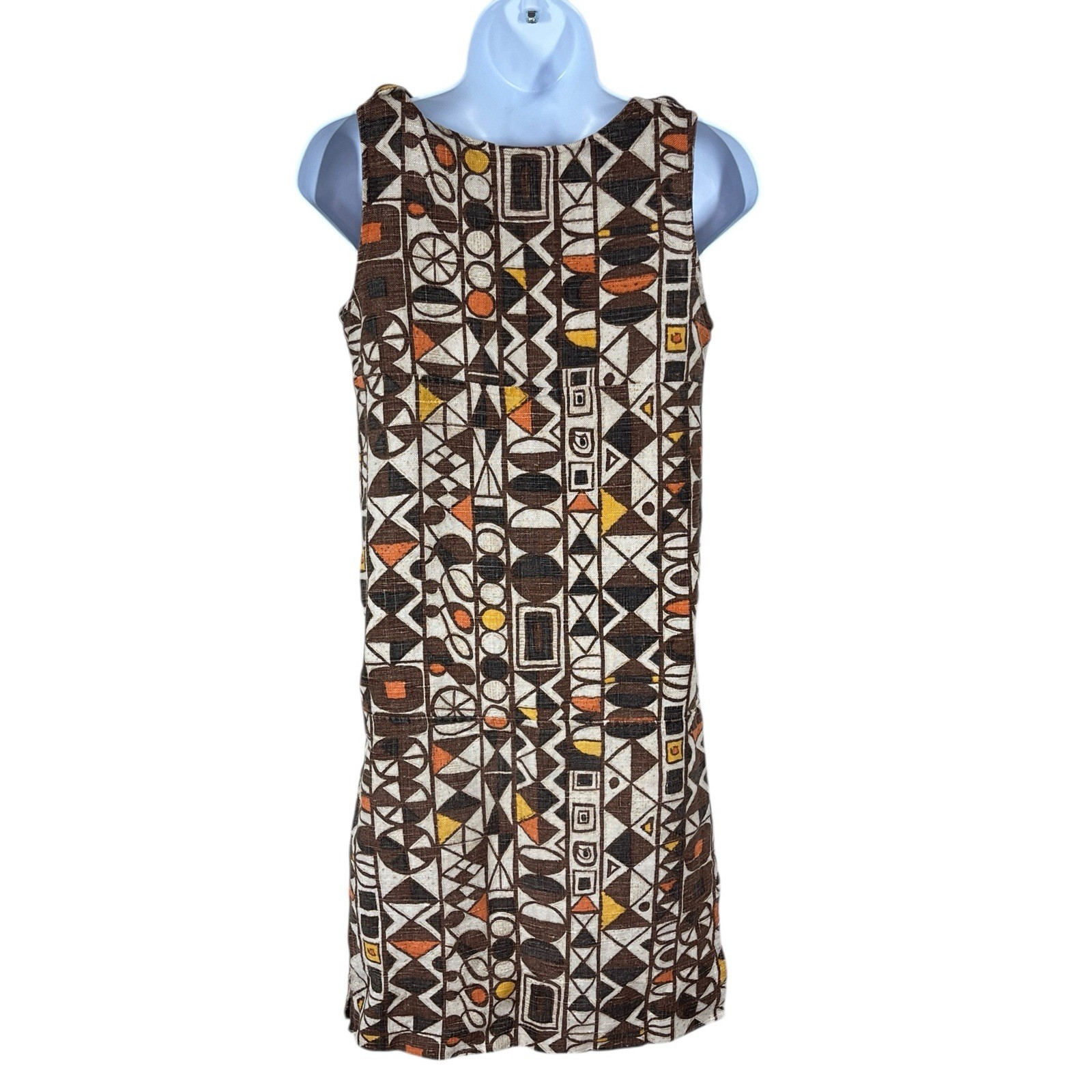 Vintage 1970s Hunter Sportswear Heavyweight Linen Shift Dress Sz M Mod Geometric