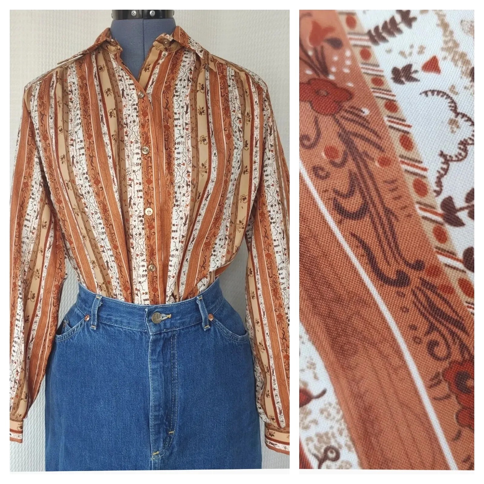 Vintage Jack Winter Brown Toned Floral Striped Blouse Size 12