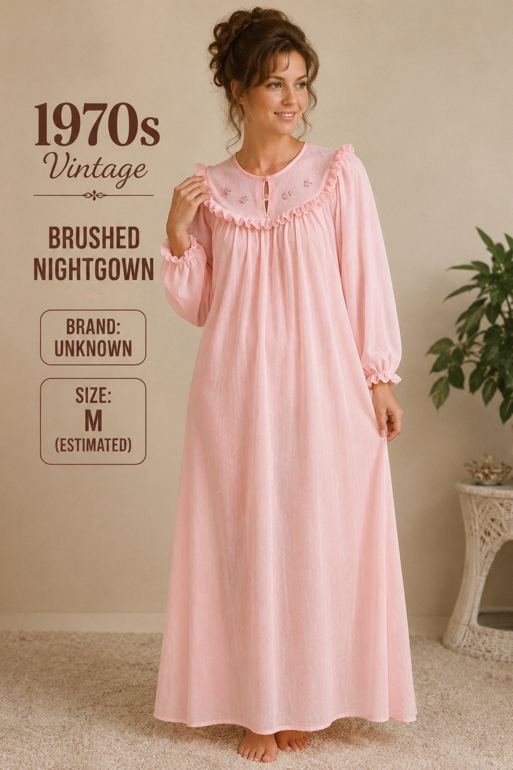 Vintage 1970s Haband For Her Granny Gown Pink Brushed Knit M Lightweight