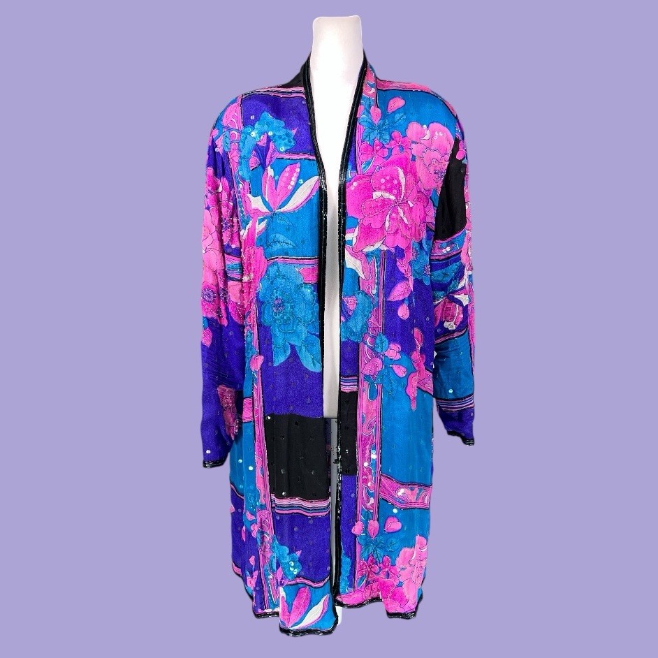 VTG JUDITH ANN CREATIONS SAKS FIFTH AVE SILK SEQUIN BEAD KIMONO JACKET NEW WAVE