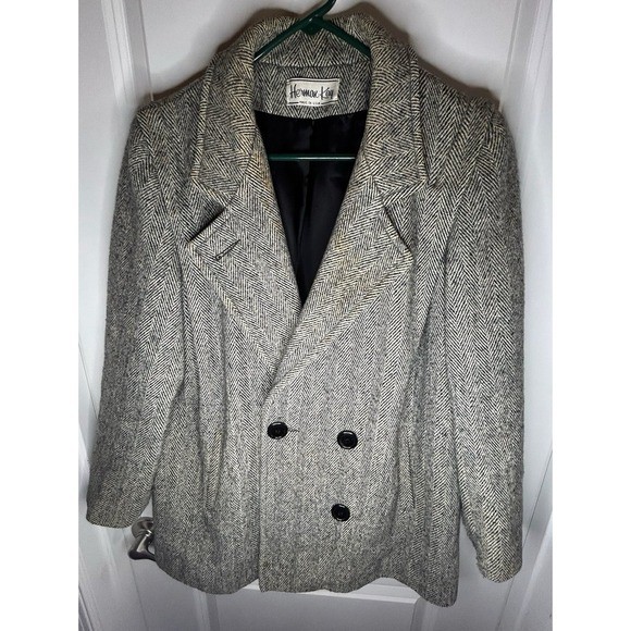 Vintage Herman Kay Herringbone Twill Wool Grey Coat Sz Womens XL