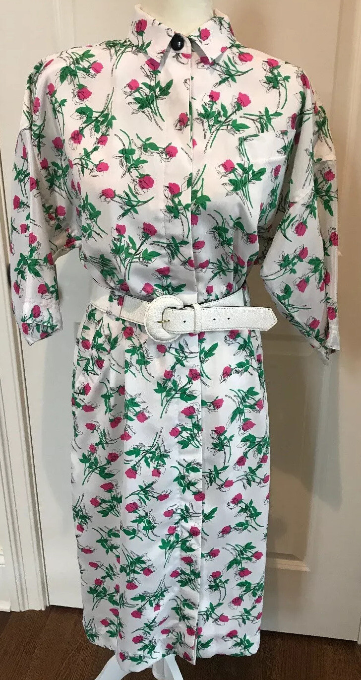 Leslie Fay Dress Size 10 White w/Roses Belt Pockets Long Sleeve Vtg Golden Girls