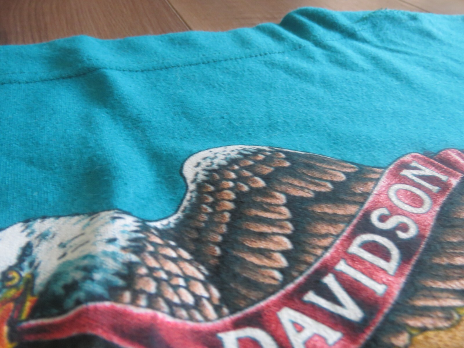 VTG 1982 Holoubek Harley Davidson USA Teal Boatneck Bald Eagle Logo Sz Large