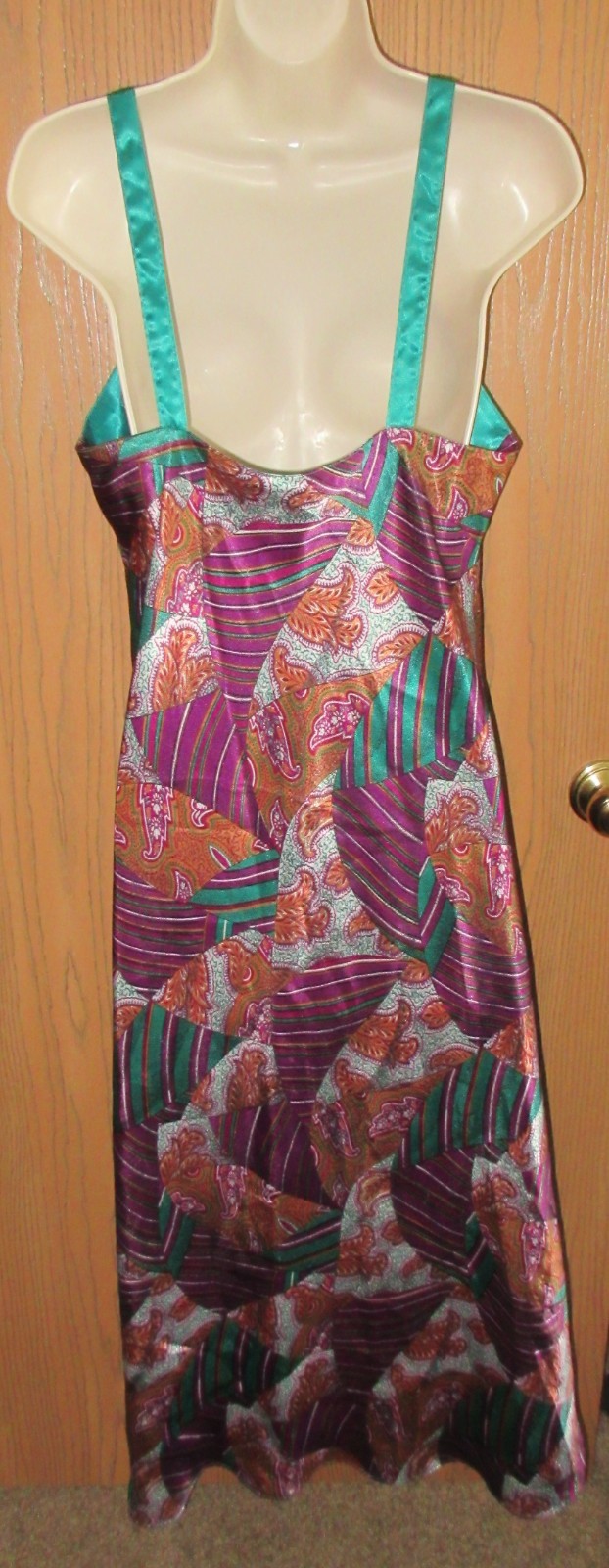 1970’s LAUREN ALEXANDRA midi EMERALD GREEN PURPLE bias chemise nightgown dress M