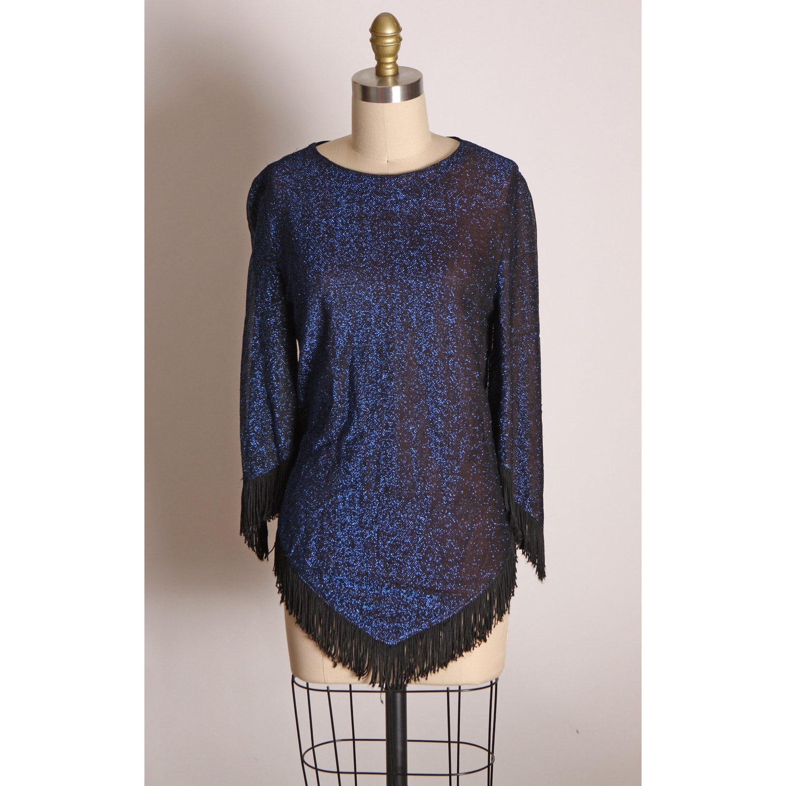 1960s Blue and Black Metallic Lurex Woven 3/4 Length Sleeve Fringe Shirt Blouse