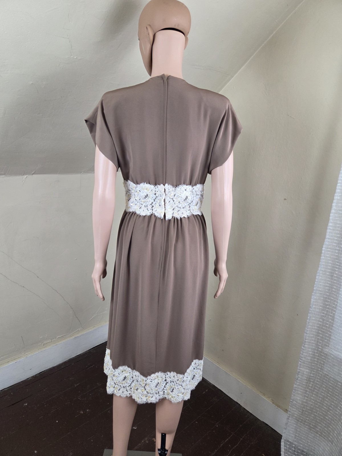 VTG William Pearson Brown Midi Dress Beaded Lace Trim Made USA Size 6 70s 80s