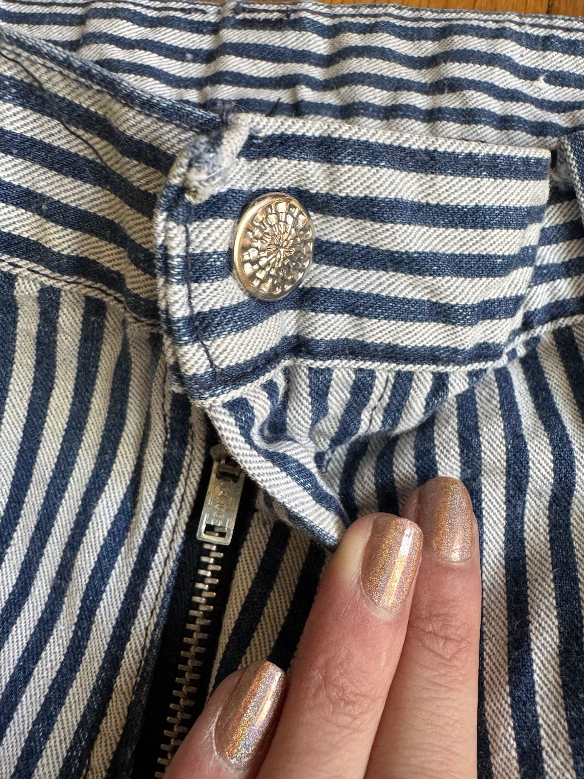 Vintage 70s Bell Bottom Jeans – Cream And Blue Striped Denim Flare Leg Hippie