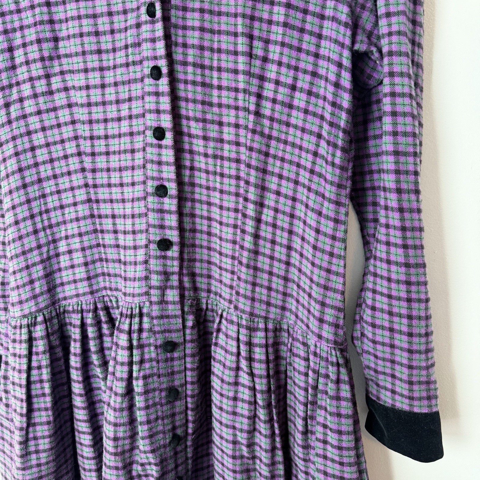Vintage Cambridge Dry Goods Purple Plaid Flannel Prairie Dress Velvet