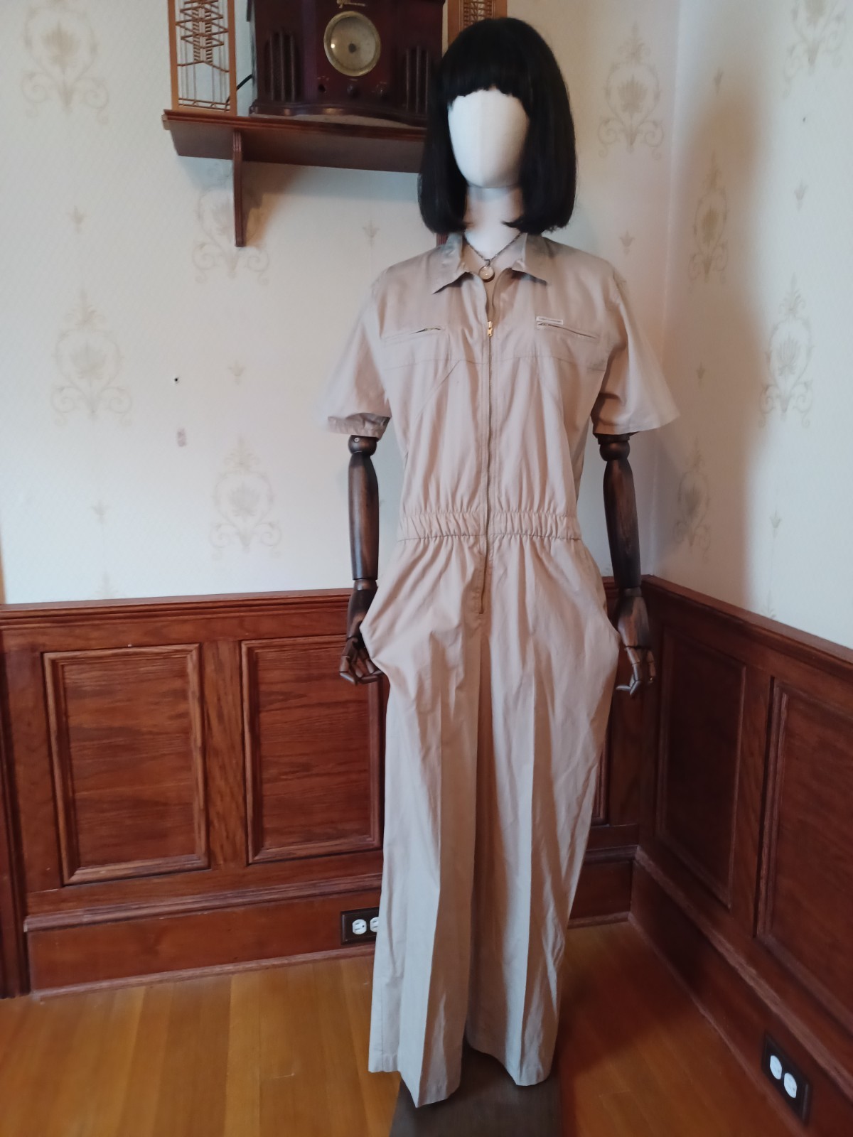 Vintage 1980s Saint Germain Paris Boho/Utilitarian Tan 100% Cotton Jumpsuit