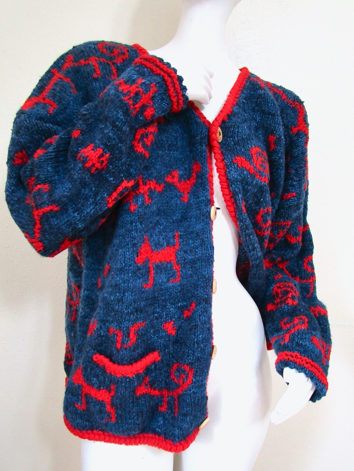Vintage Amano Wool Wood Boho Tribal Cave Drawing Caridgan Sweater Oversize S L