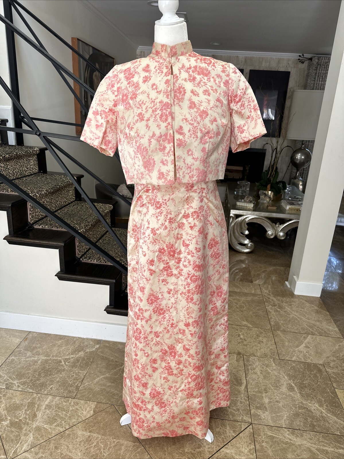 Vintage 60s Cream Satin & Pink Velvet Flocking Evening Gown With Jacket Size 6