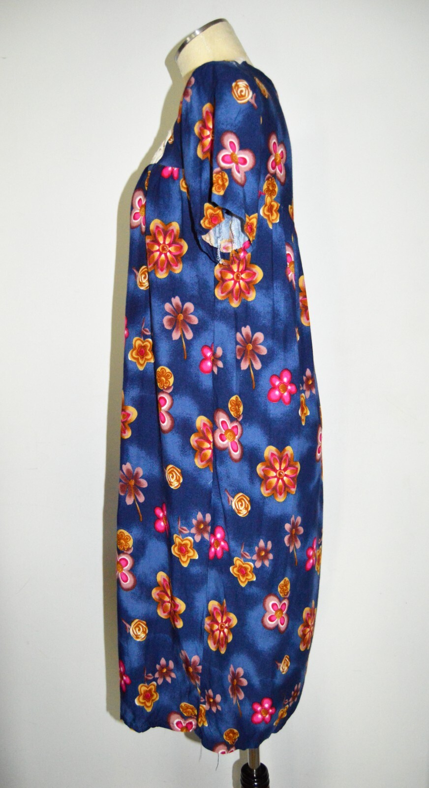 Vintage MAYETTE Blue Muumuu House Dress with Eyelet Accent LARGE