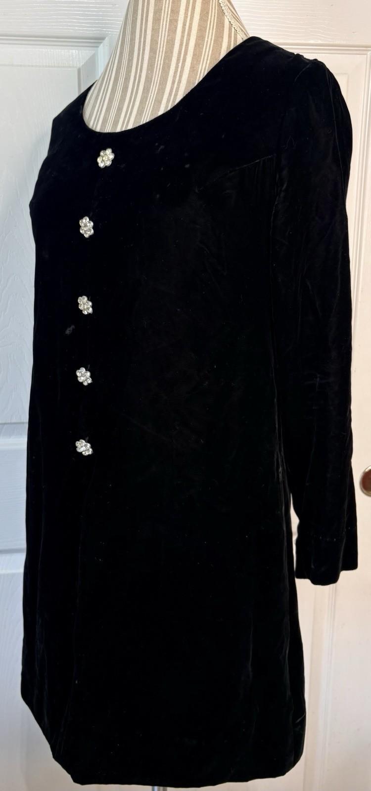 Vtg 60s 70s Black Plush Velvet MOD Mini Dress Rhinestone Buttons FLAWS Size 8/9