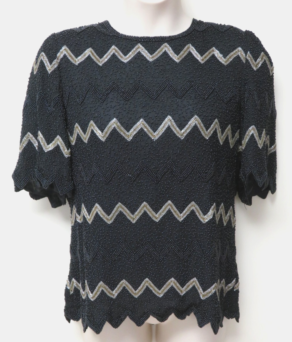 Vintage Women’s Black Gold & Silver Beaded Zigzag Design Short-Sleeve Party Top