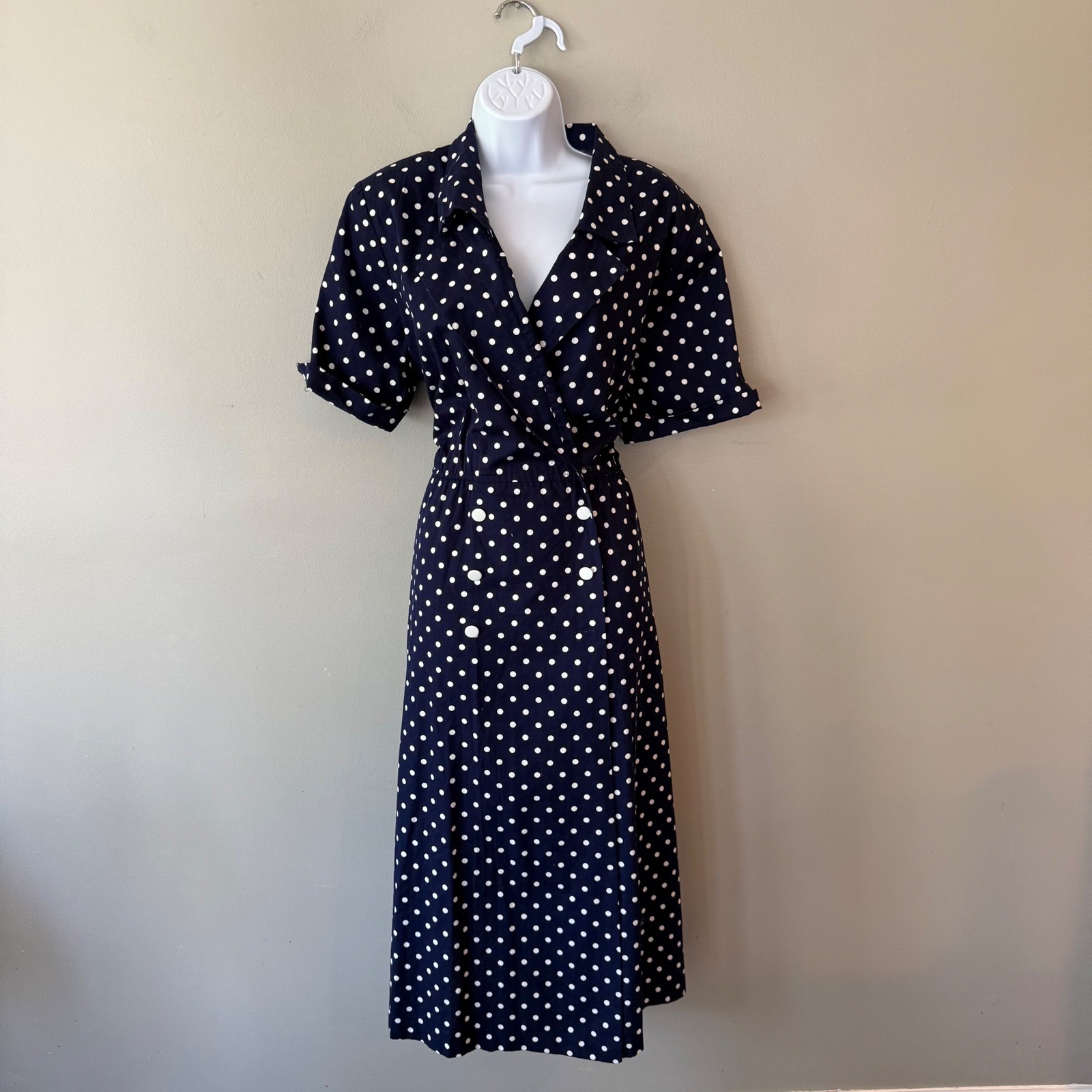 Lanz Originals Vintage Polka Dot Midi Dress Navy Cotton USA Lrg Pinup Trad Wife