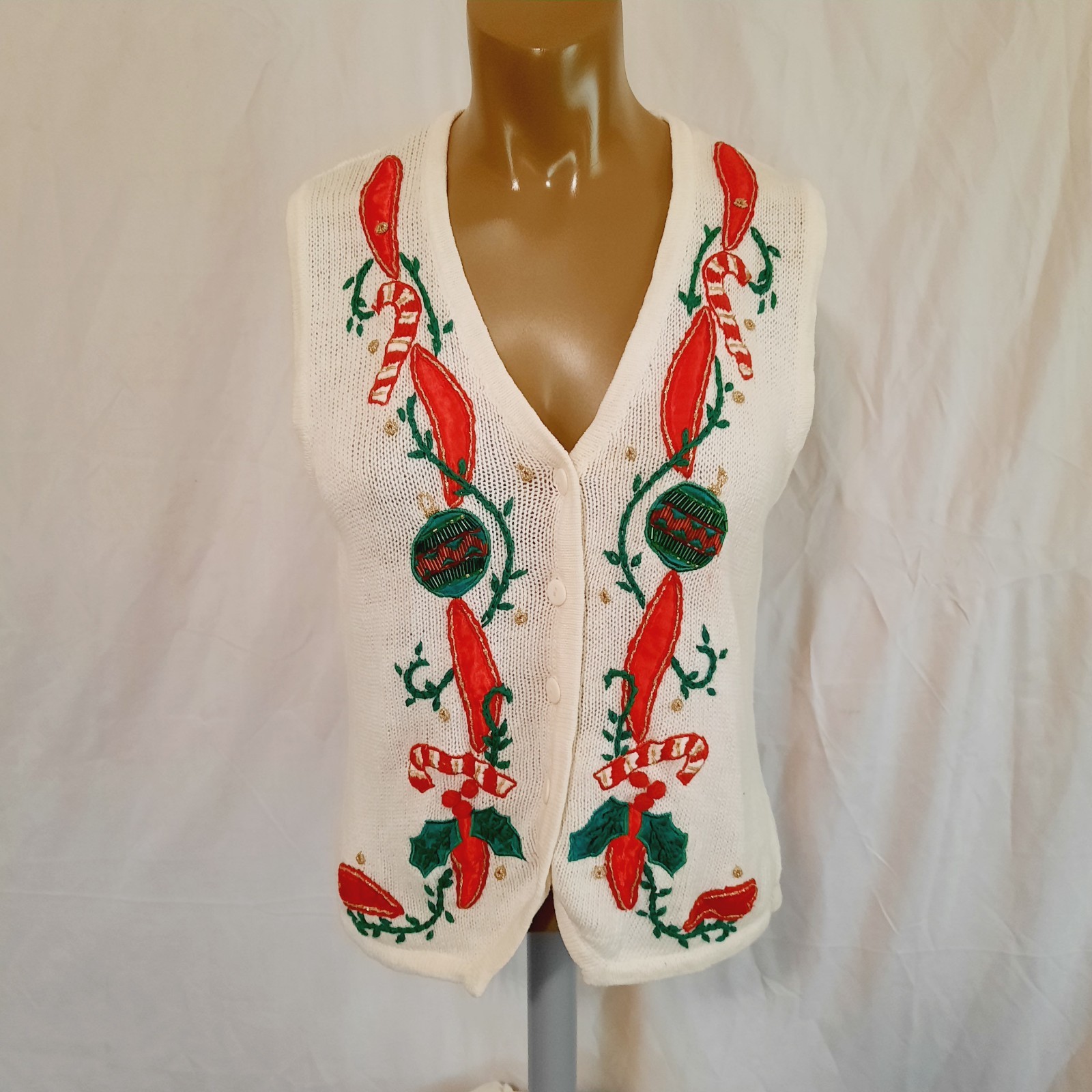 Vintage Kathie Lee Knit Holiday Grannycore Embroidered Sleeveless Vest Small