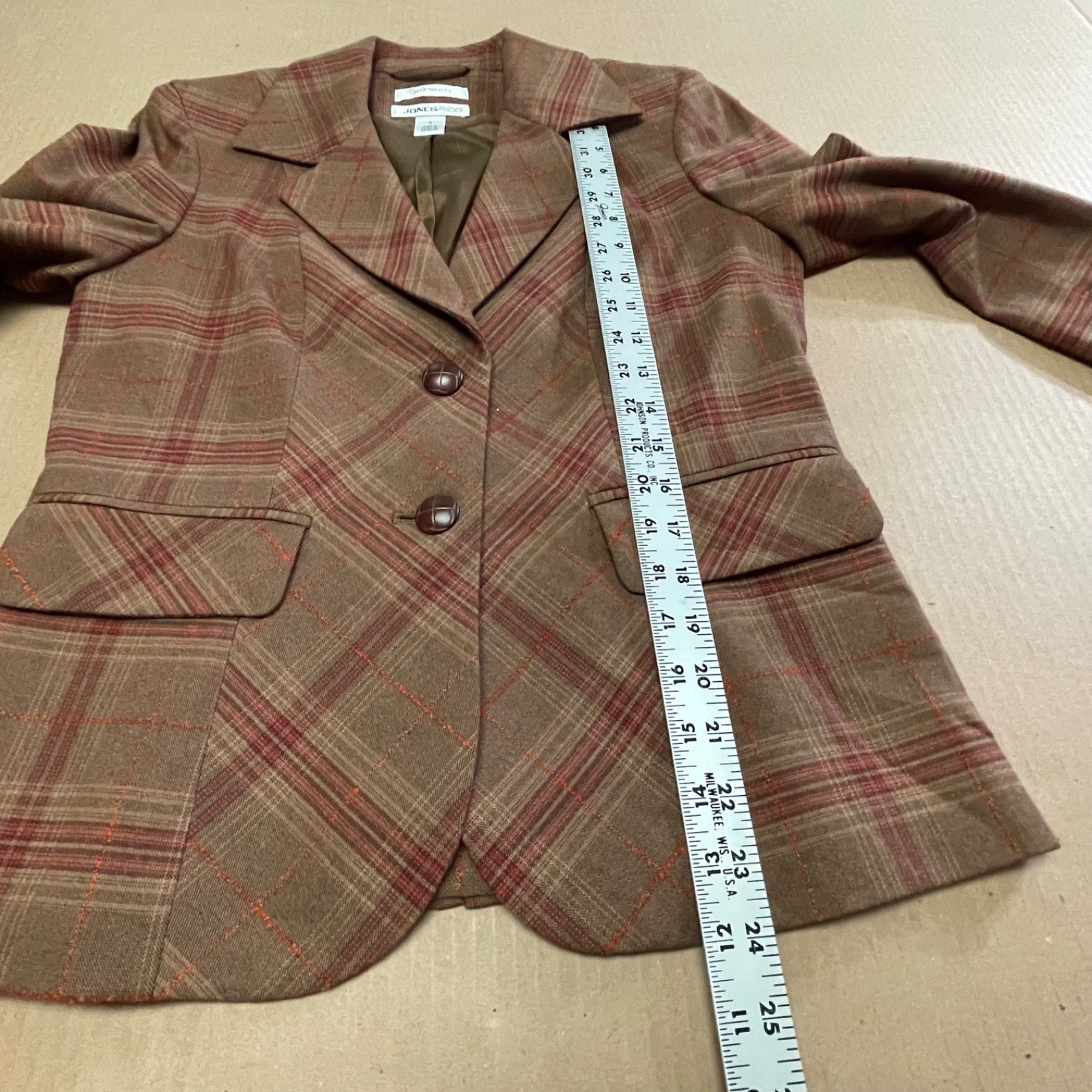 Vintage Jones & Co Plaid Tweed Blazer Jacket Size 6 Brown Red Martingale Belted