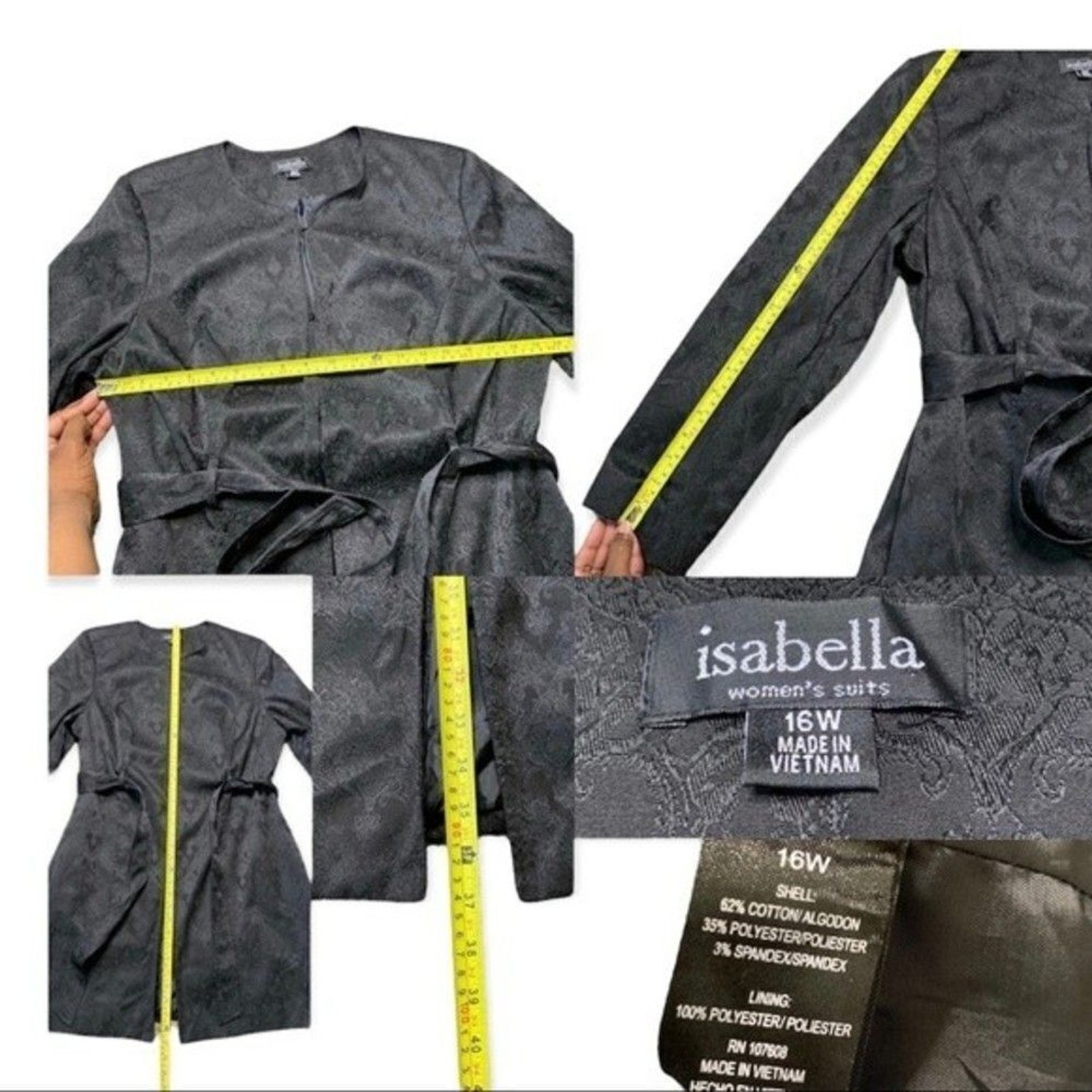 Vintage Isabella 2 Piece Suit Women’s 16 Black Mid Length Jacket & Skirt Set