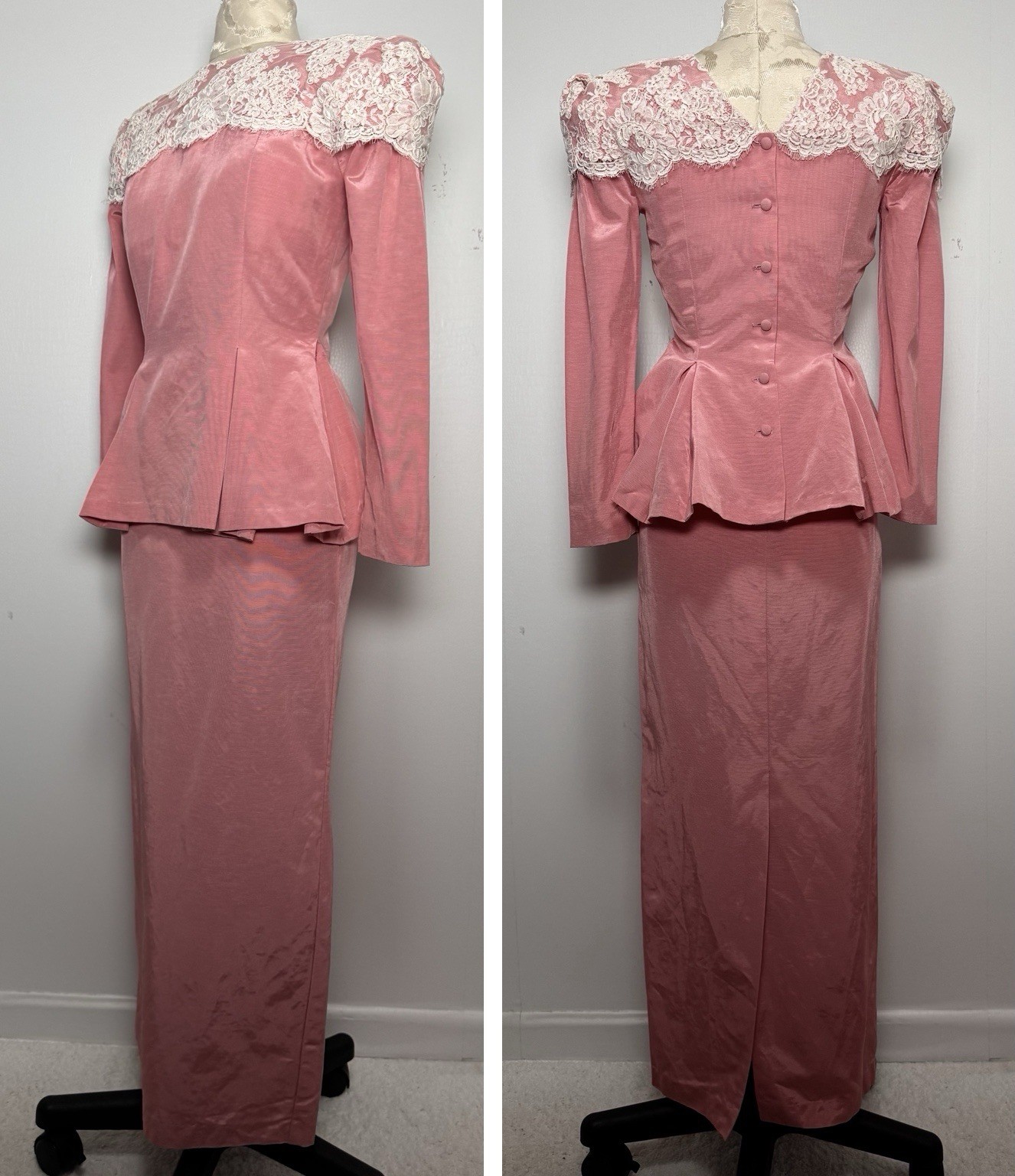 Vtg 80s Watters & Watters Pink Lace Pleated Peplum Maxi Skirt Formal Set XS/S