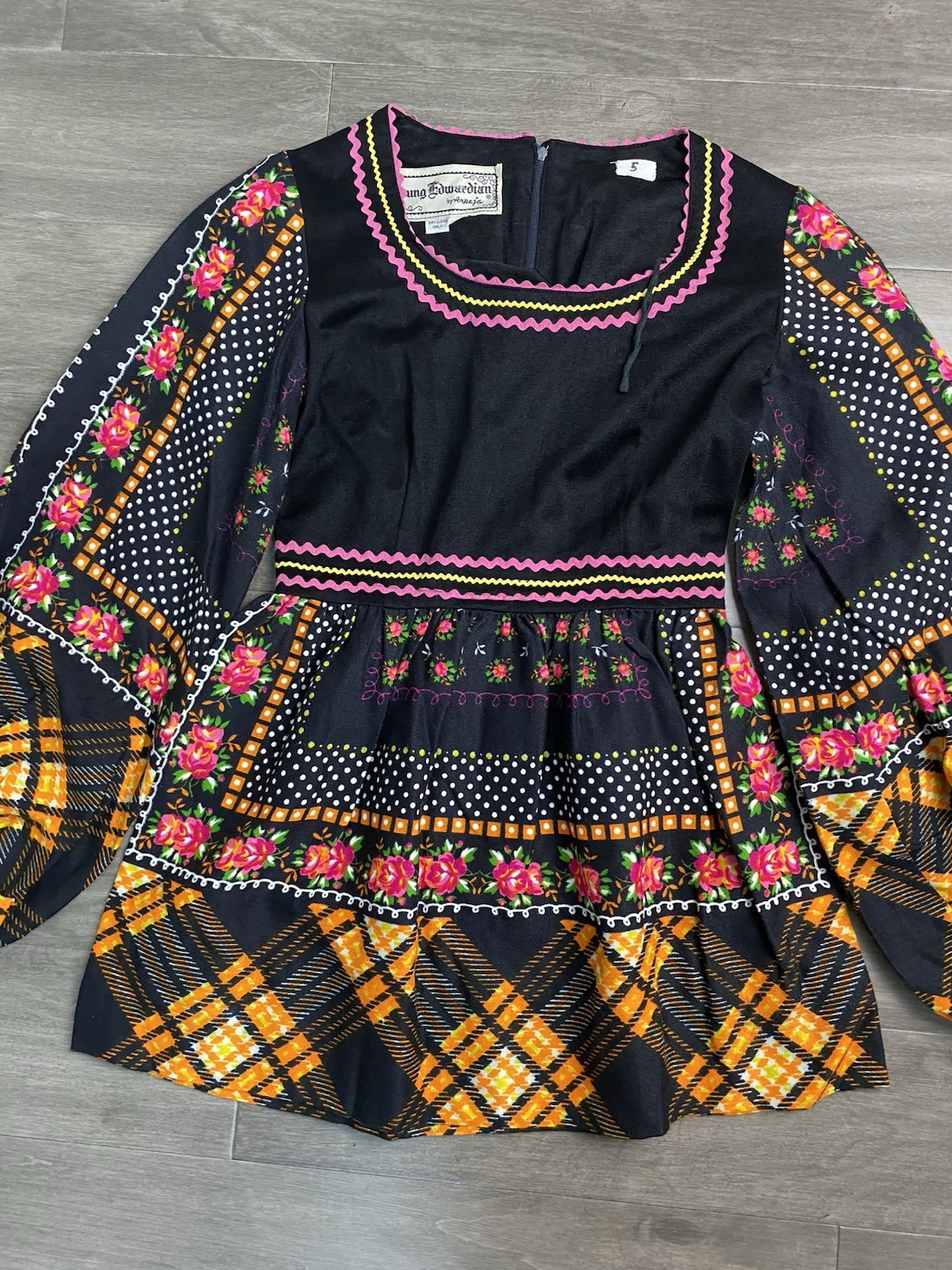 Vintage Young Edwardian Blk Velvet Mixed Patchwork Bohemian Dress By Arpeja Sz 5