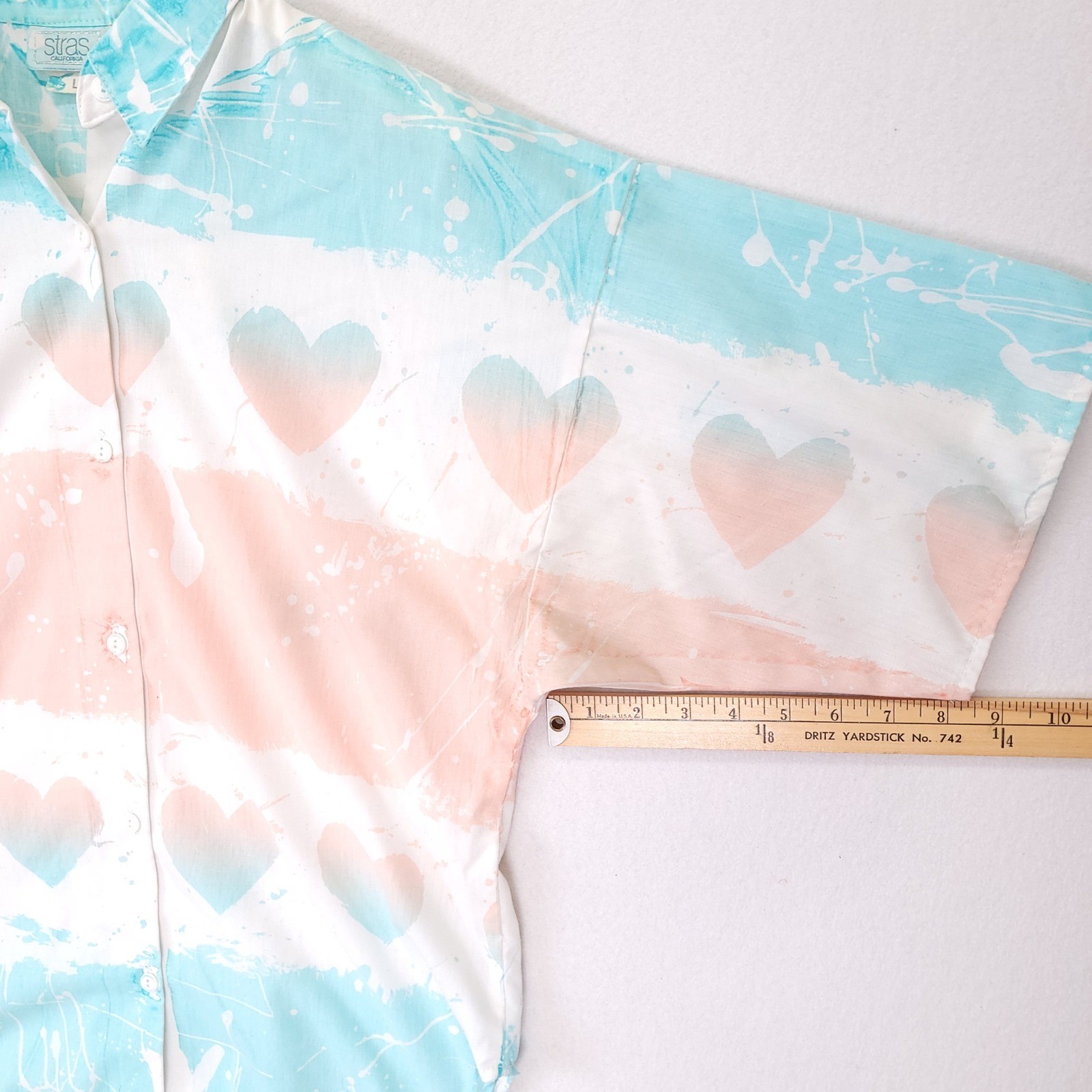 Vintage Stras California Heart Paint Splatter Shirt Pastel Turquoise Peach L