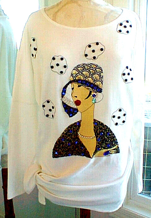 VTG Molto Fino Long Sleeve Cotton Tunic Top Beads Jewels Flapper Girl Sz M Plus