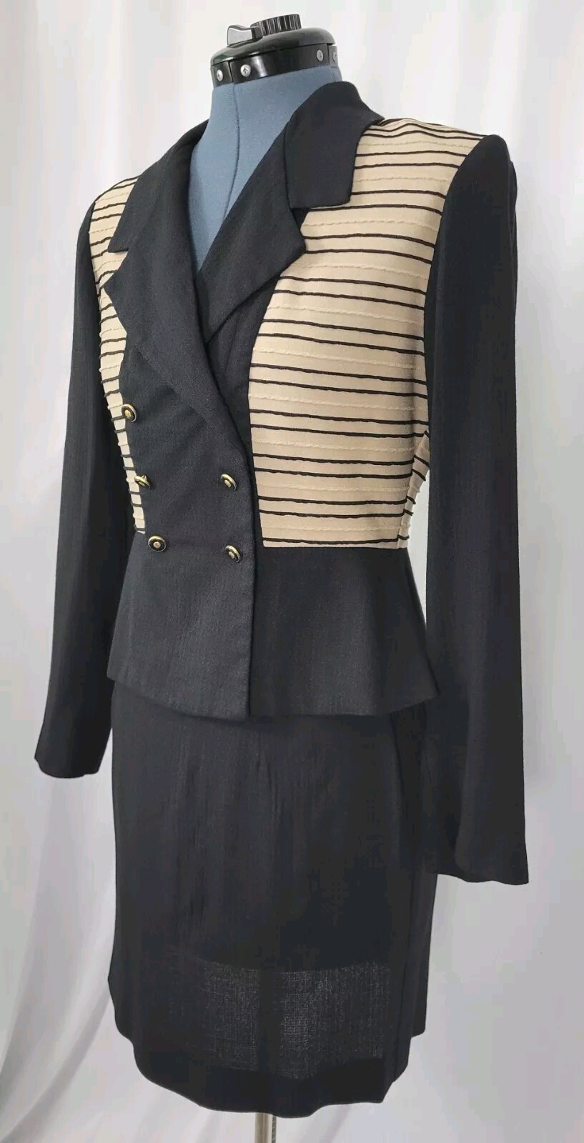 Vintage JSJ Petites Black & Tan 2-Piece Jacket & Skirt Set Size 8P