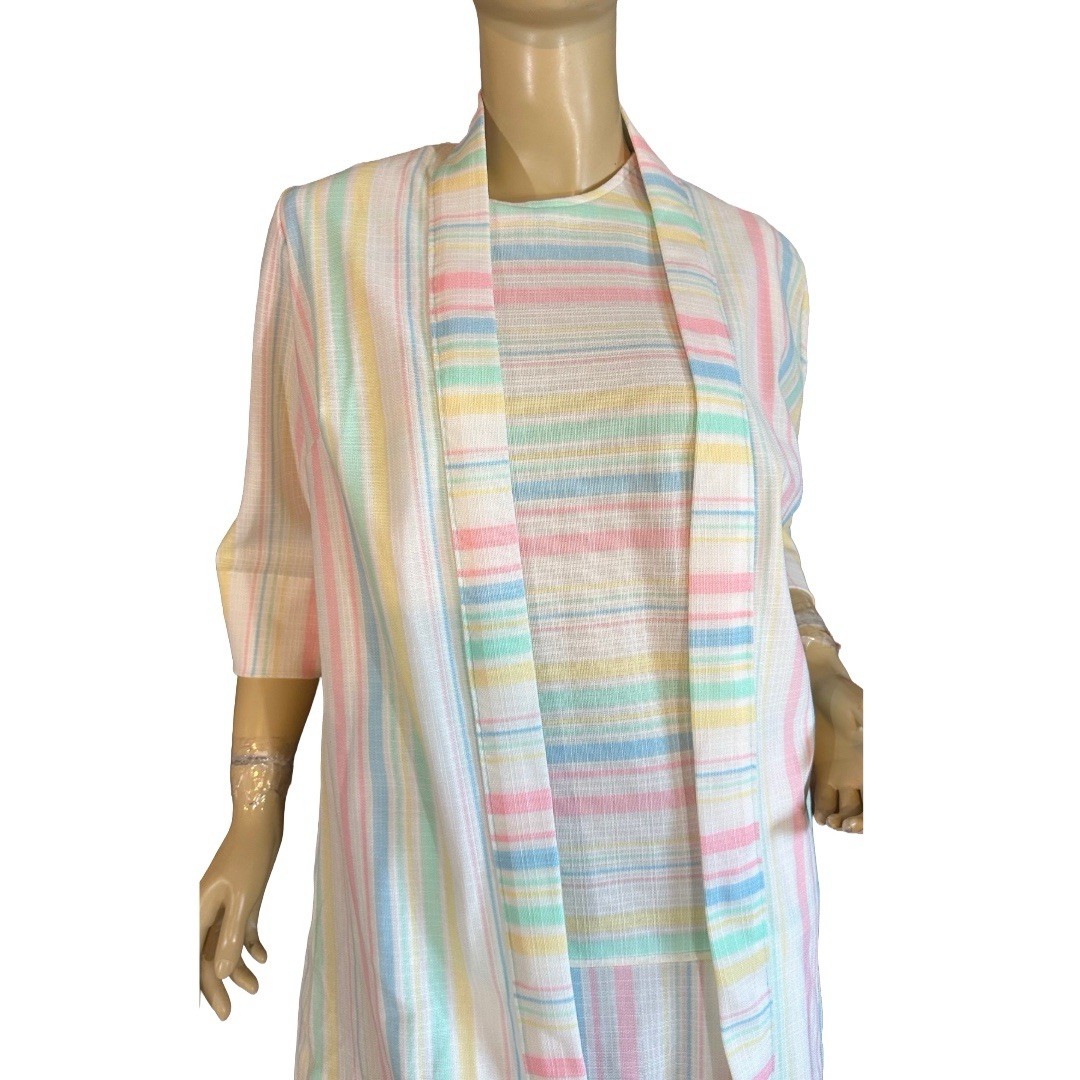 VINTAGE CIRCA 1970’S WHITE W/PASTEL STRIPES DROP WAIST DRESS SET SZ APPX MED