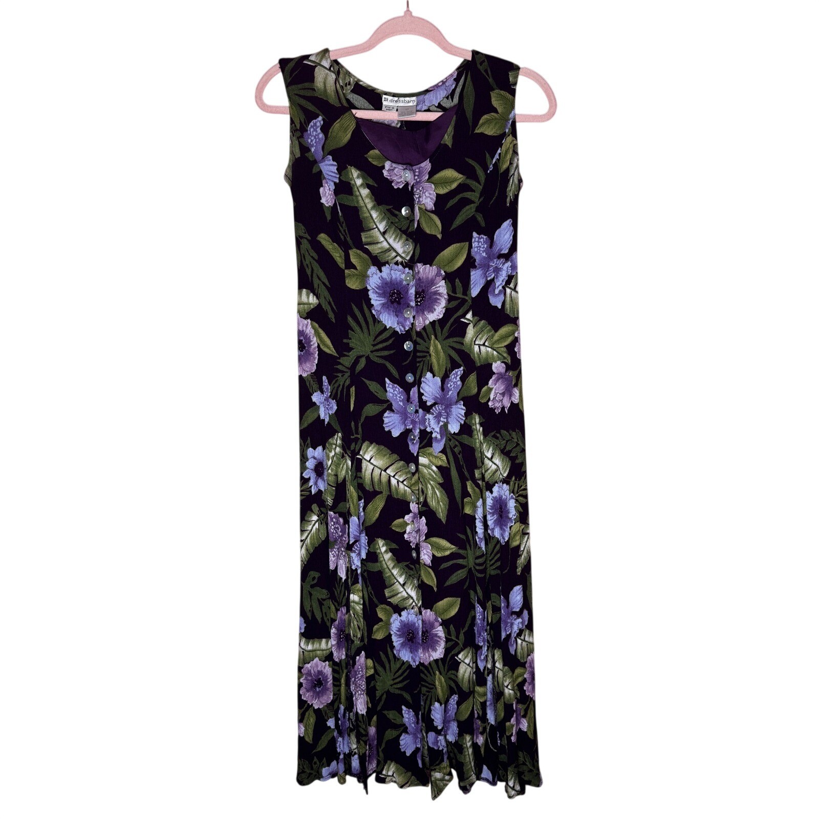 Dressbarn Vintage 90’s Floral Maxi Dress Purple Tropical Rayon Button Front