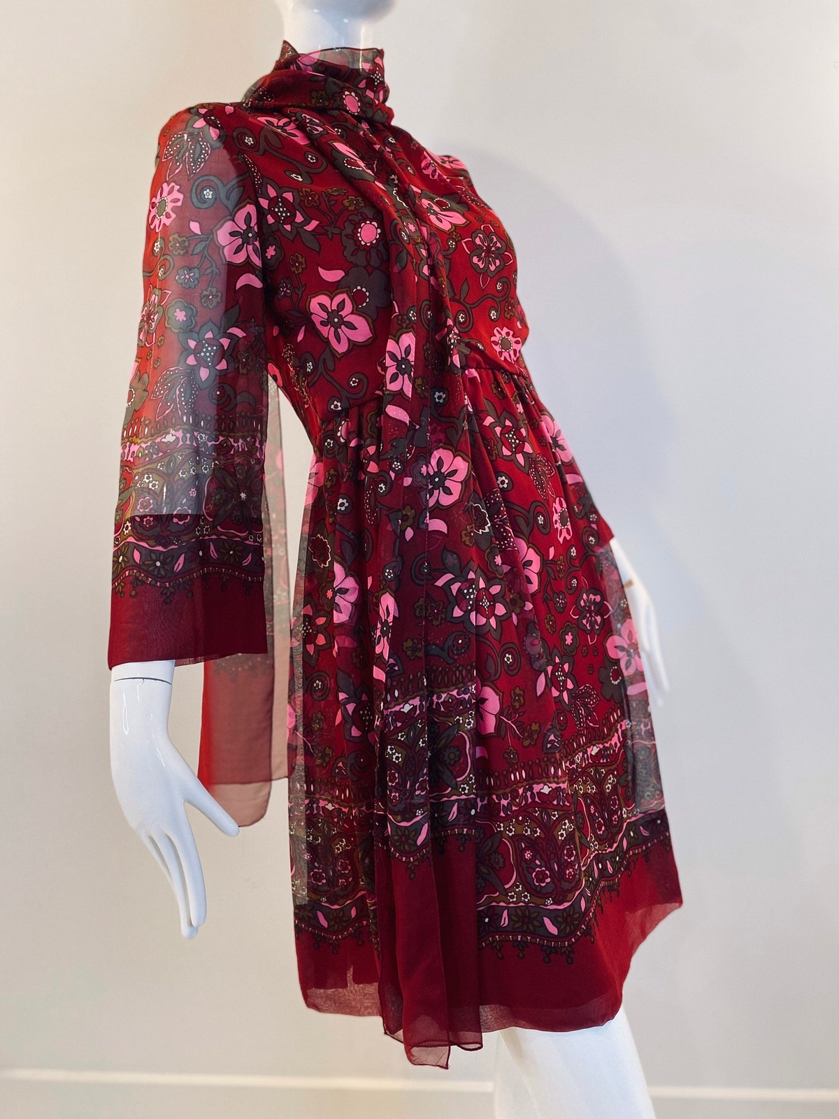 60s Adele Simpson Silk Flower Power Chiffon Dress with Belts and Sash Ensemble