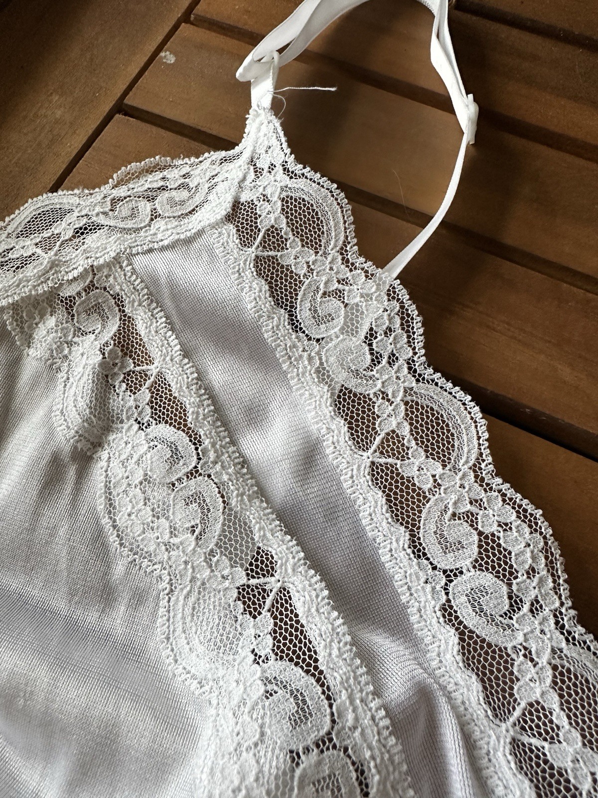NWT Vintage Deena Nylon Slip Teddy Hi-cut Panty Silky Lace Bodysuit White Medium