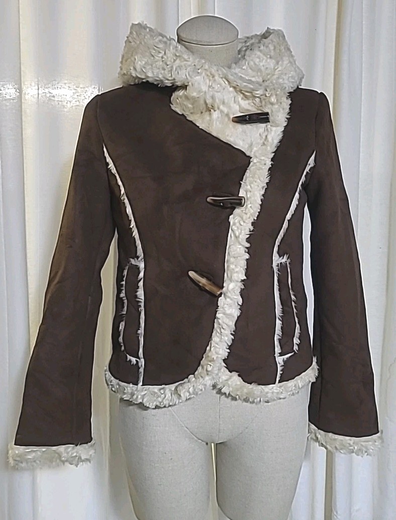 Vintage 90s Y2K Penny Lane Hooded Faux Suede Shearling Xhilaration Coat Jacket S