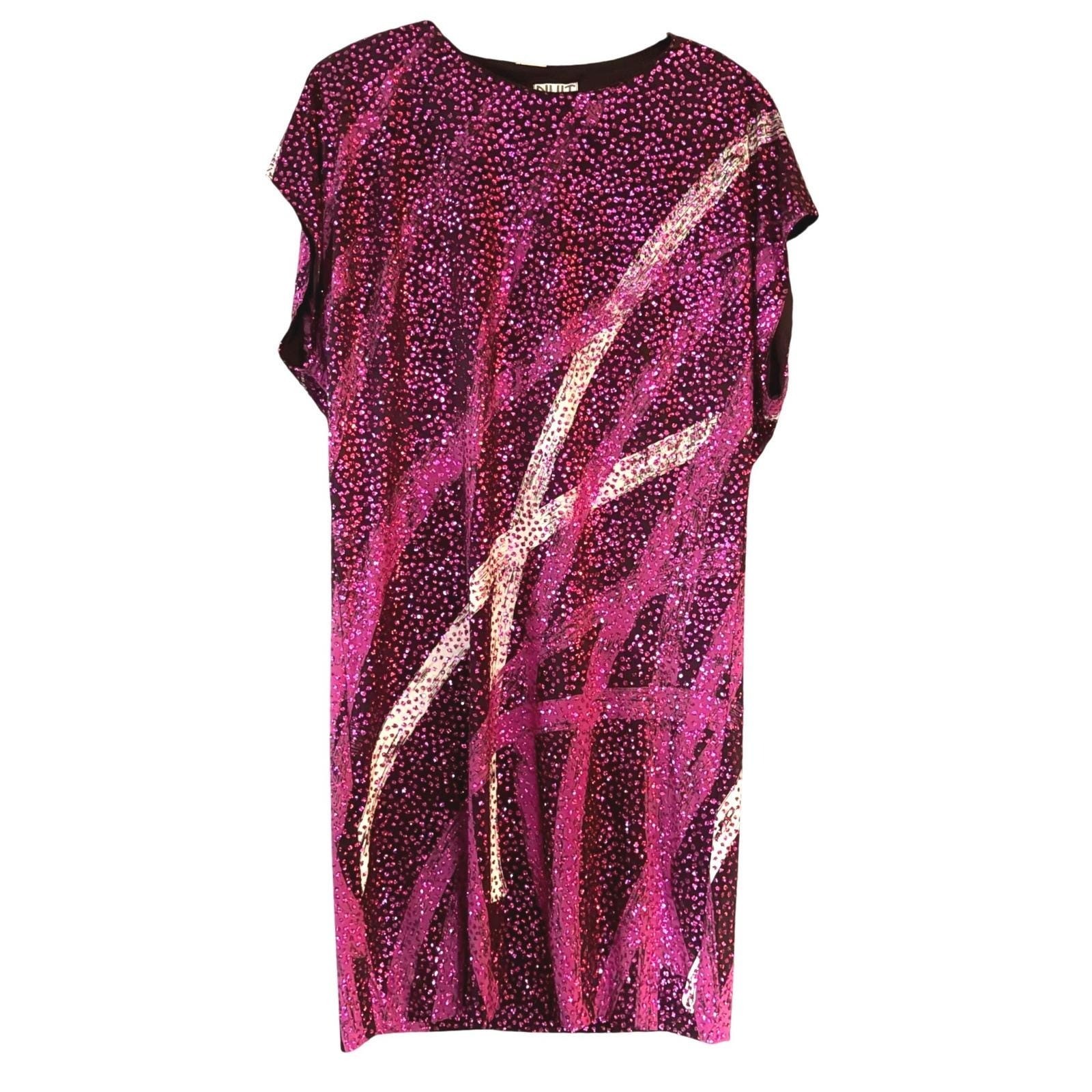 VTG Nuit for Saks 5th Ave Magenta Sequin Abstract Y2K Shift Dress Sz 8 USA Made