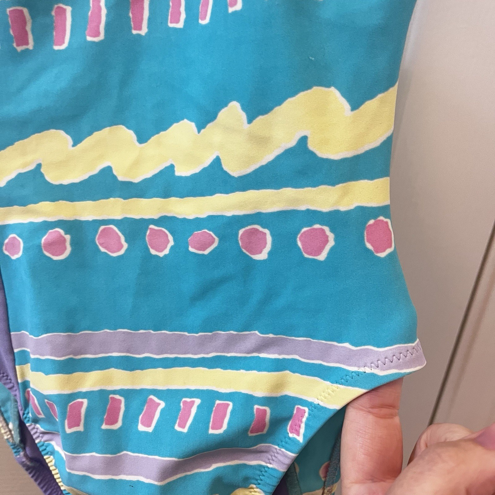 Vintage JAG One Piece Swimsuit Aqua Purple Pastel Abstract High Cut 80s Size 10