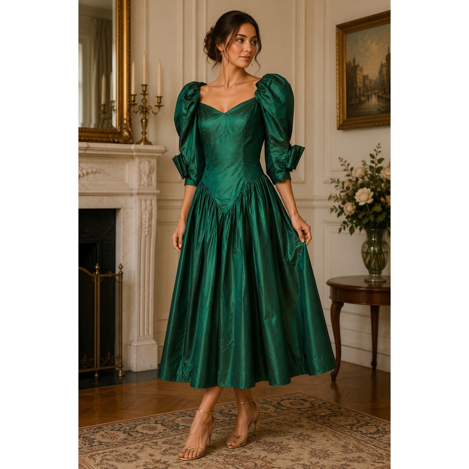 80s Unbranded Taffeta Dress Emerald Green Puff Sleeve Prom Party Gown Vintage