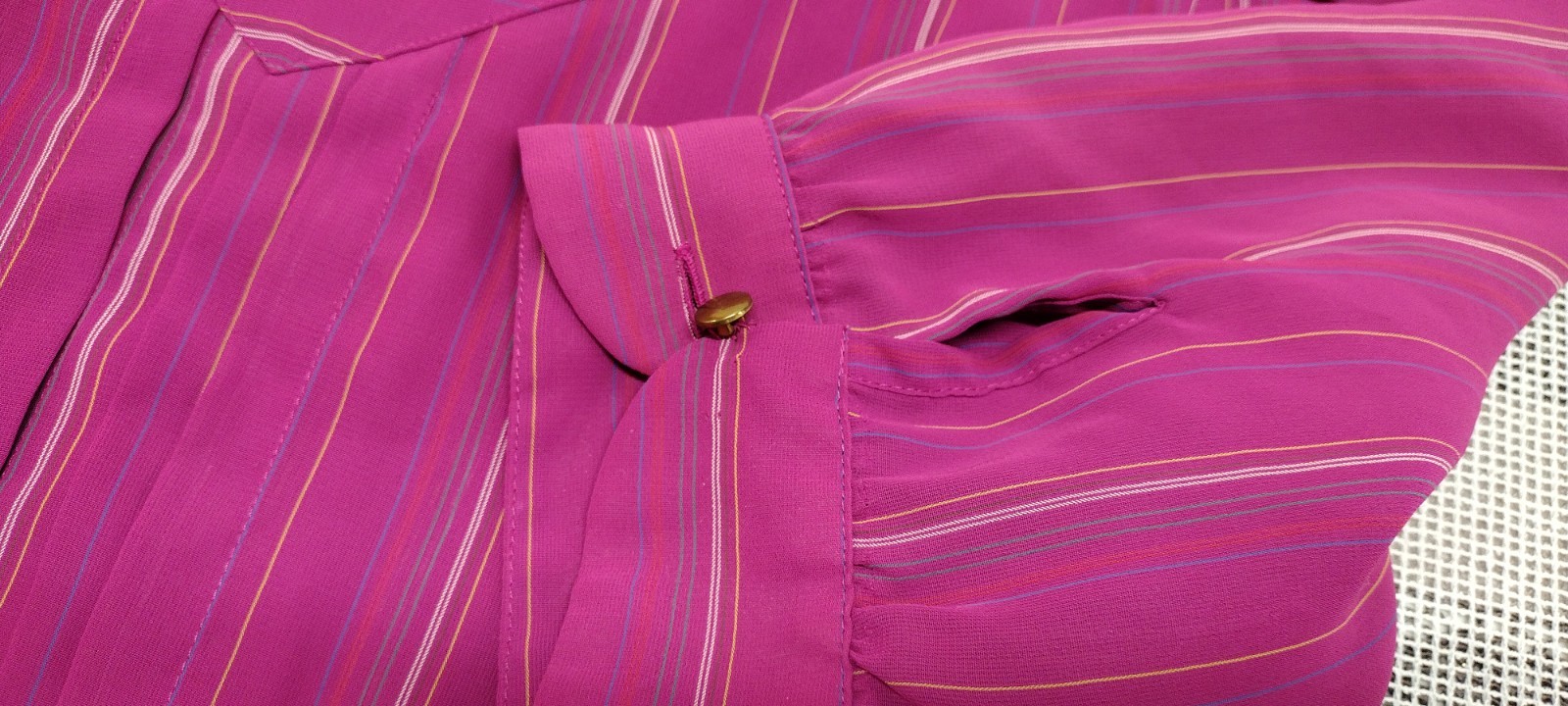 70s 80s Dress Pink Fuchsia Stripes Sheer Short Puffy Sleeve 40s 3/4 Sleeves M
