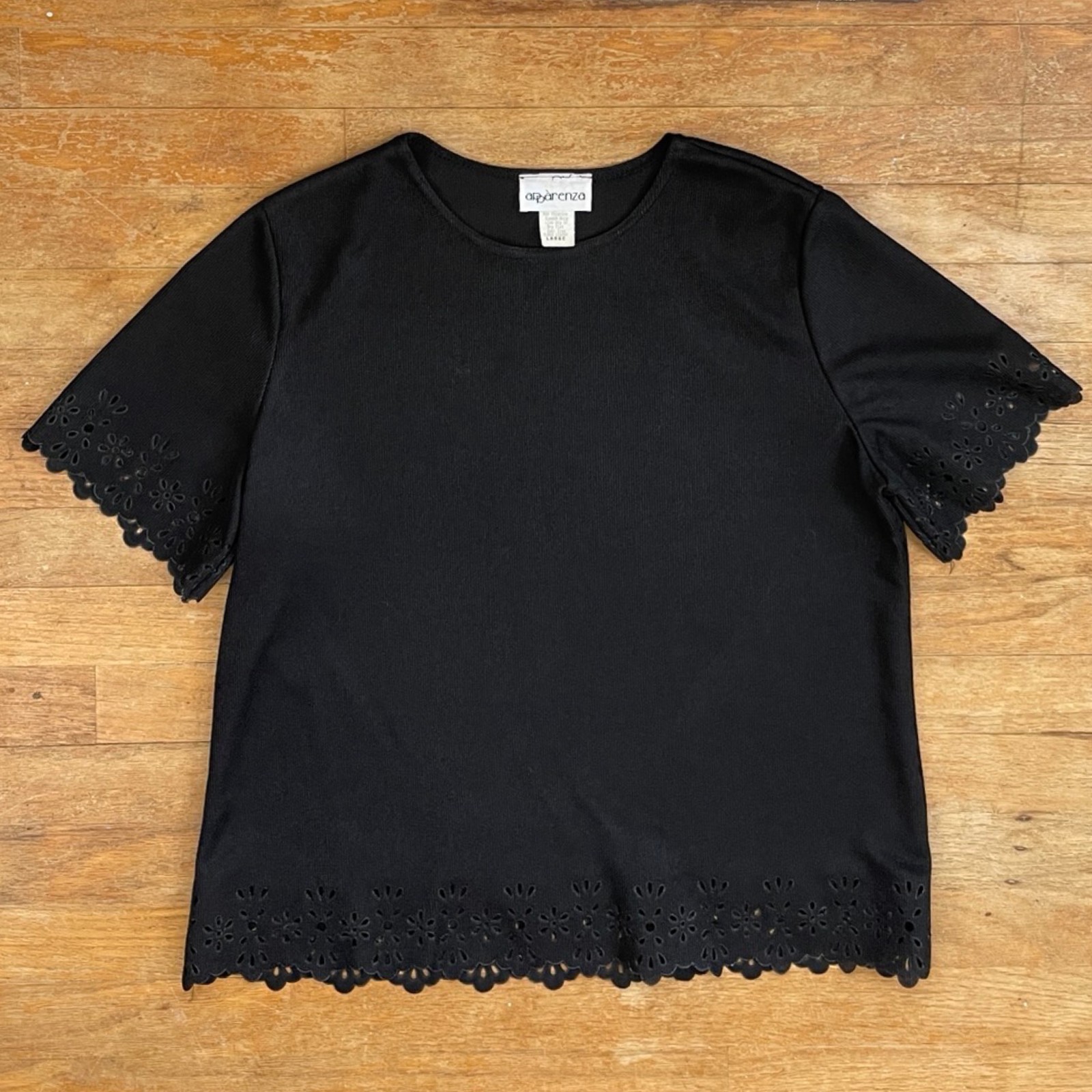 Vintage Black Short Sleeve Top Eyelet Trim Tunic Women’s Size Large 1990s