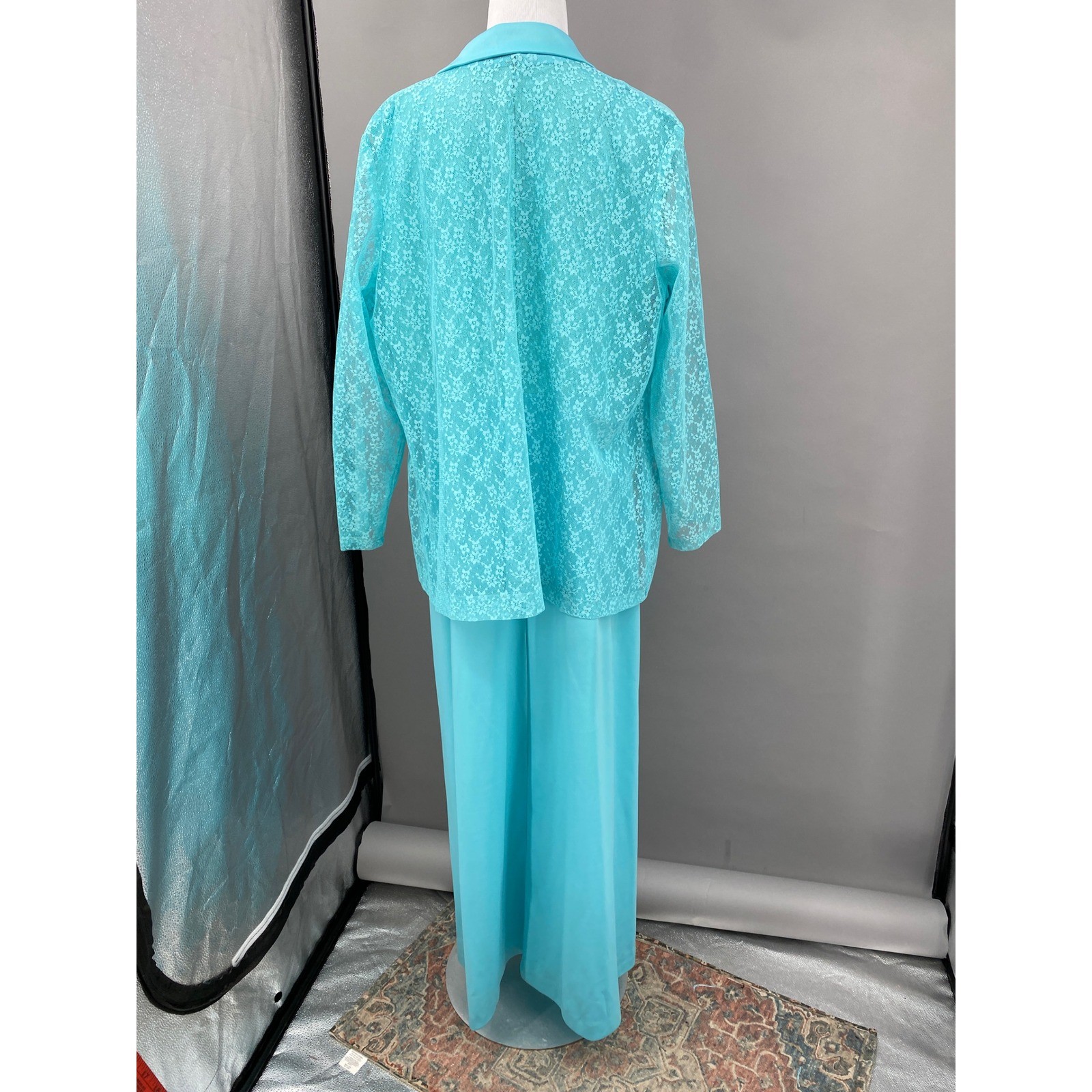 Vintage 60s Lace Maxi Dress Jacket Set Women XL 1X Turquoise Blue Formal Pastel