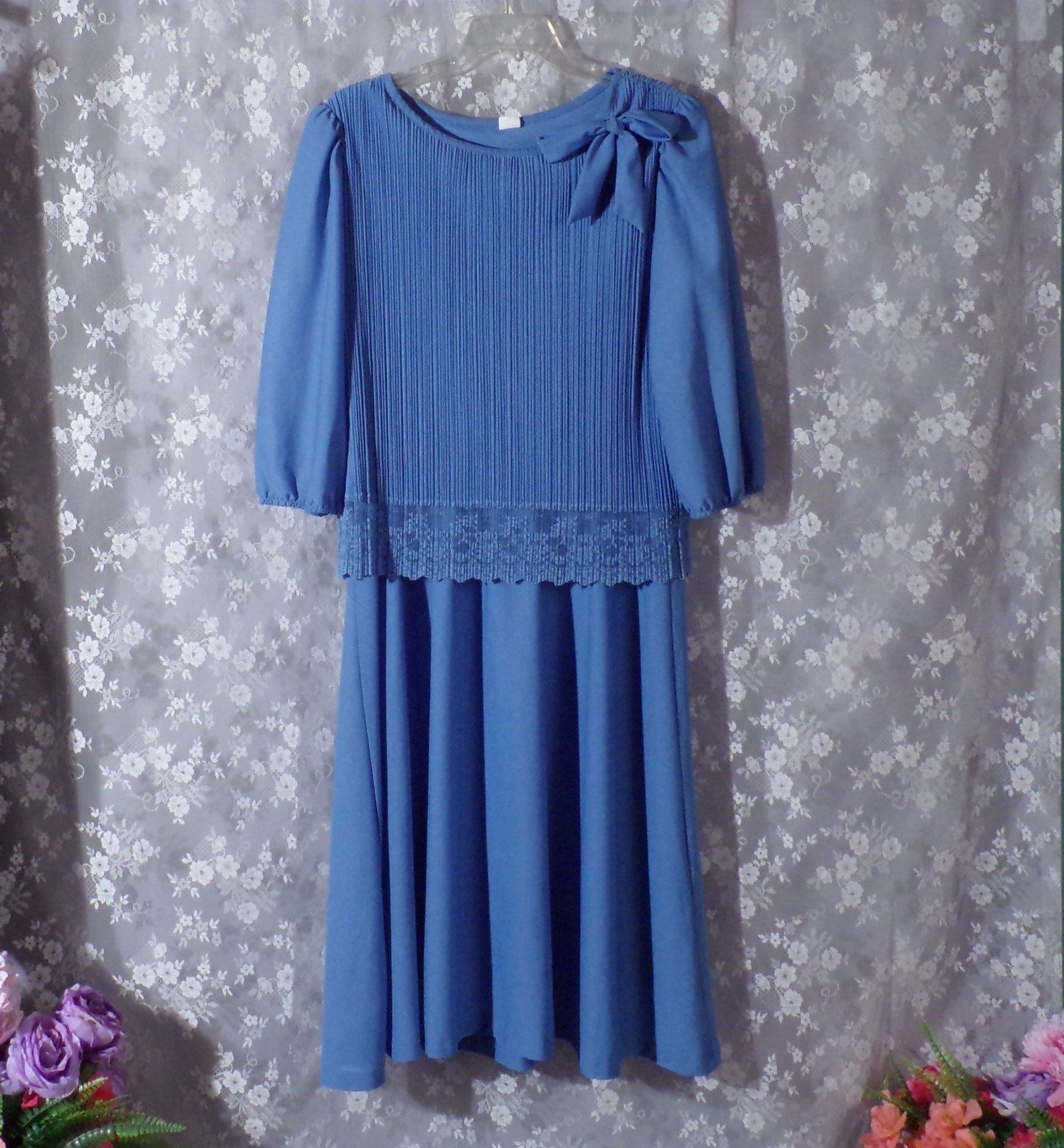Vintage 80s Blue Dress Size XL 1980s Retro Drop Waist Spring Cocktail Flapper